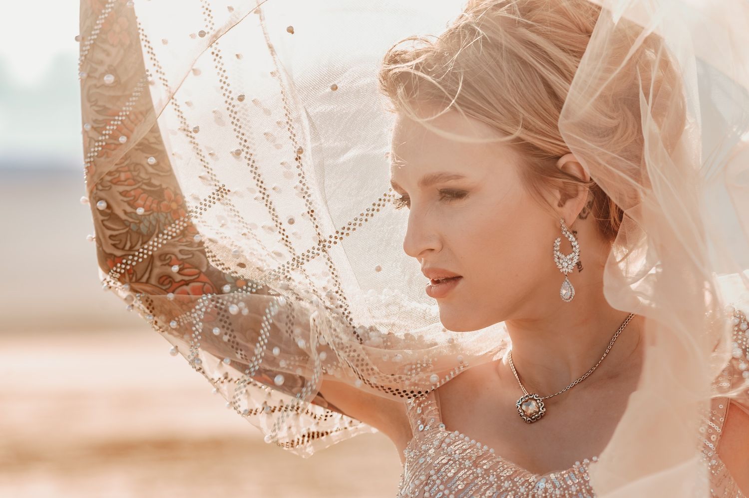 Delicate bridal veil details with embellishments in warm sunlight.