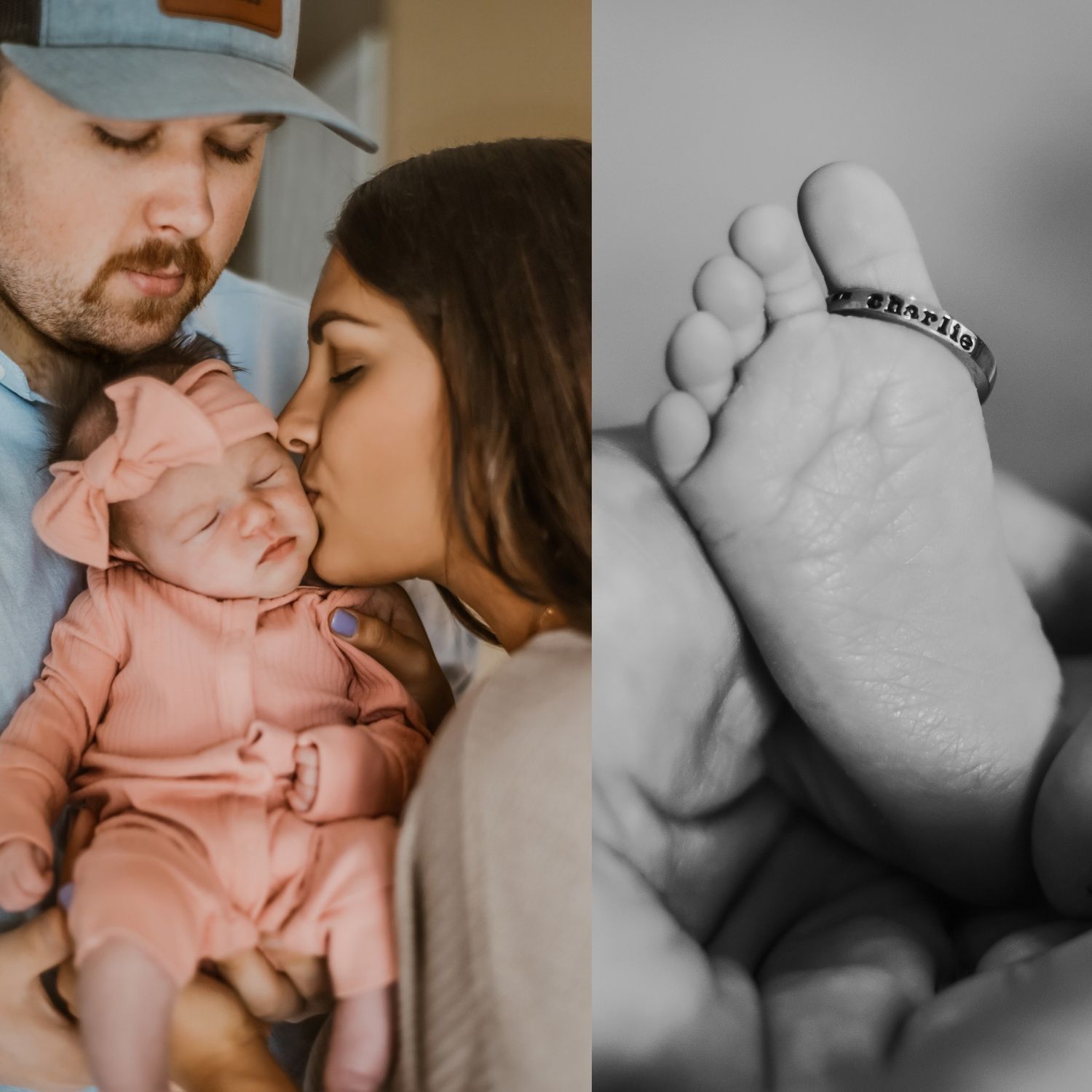 Sweet family moments with parents cradling and kissing their newborn baby.