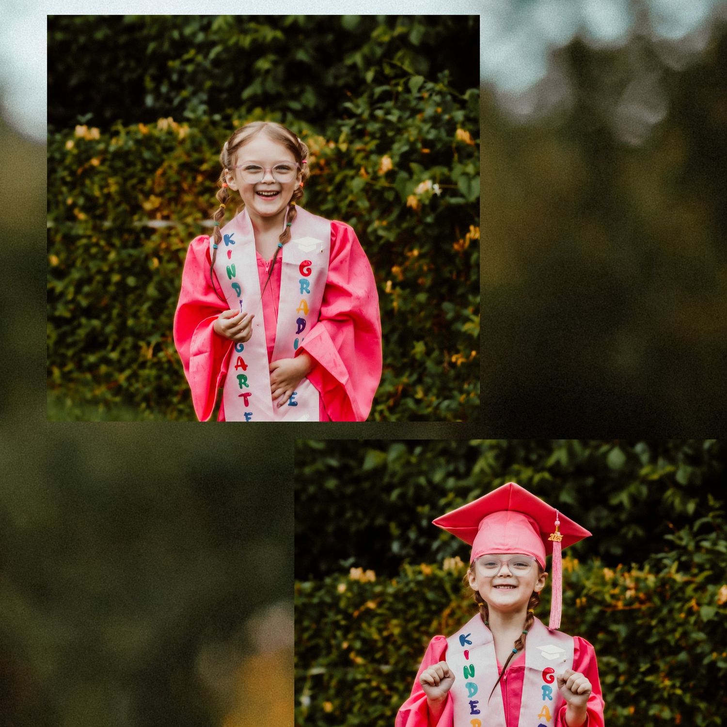 Graduate in bright pink cap and gown posing for portraits in an outdoor garden setting.