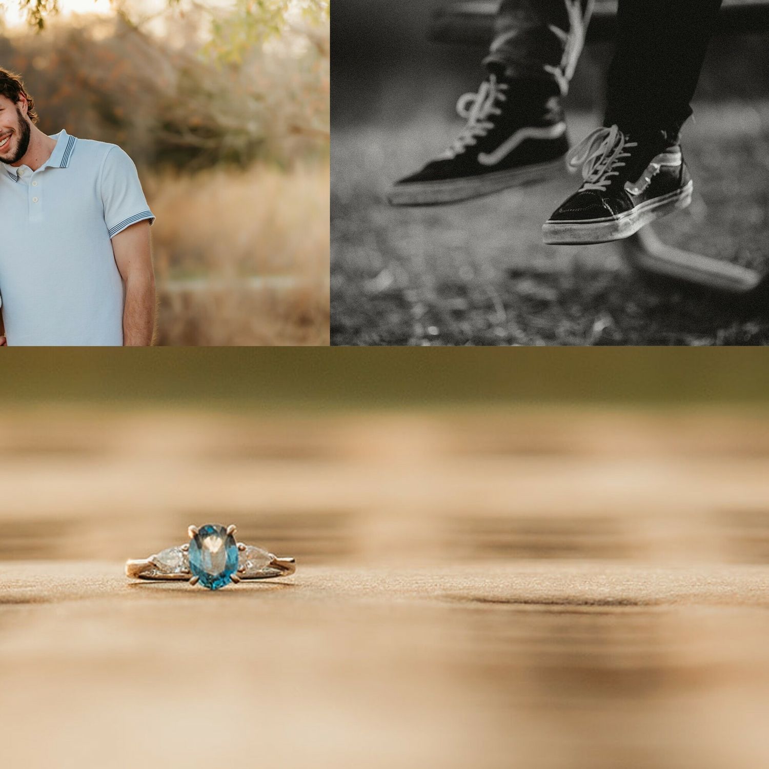 Engagement ring with blue gemstone photographed against blurred outdoor background.