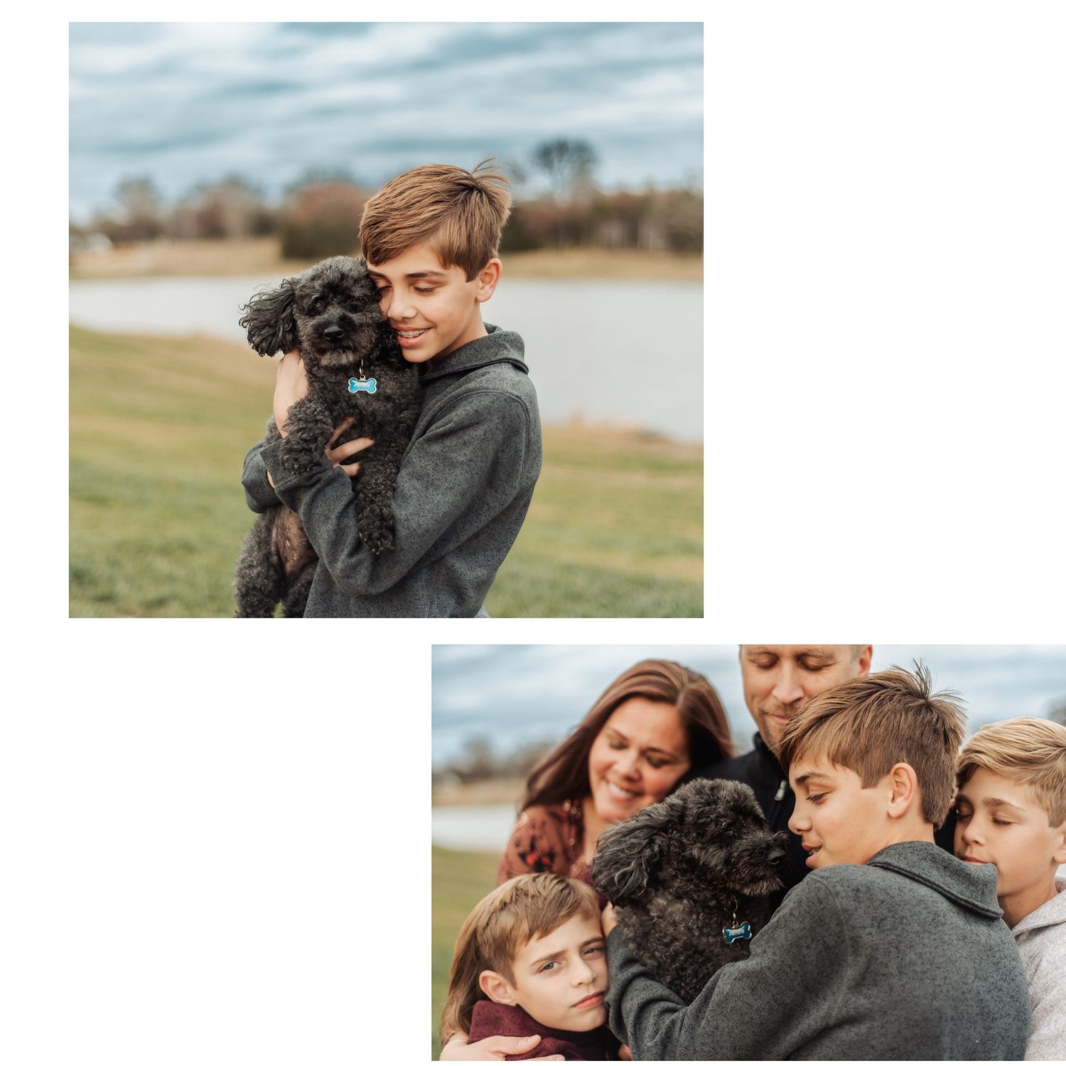 Candid moments of a family playing together outdoors with their pet dog.