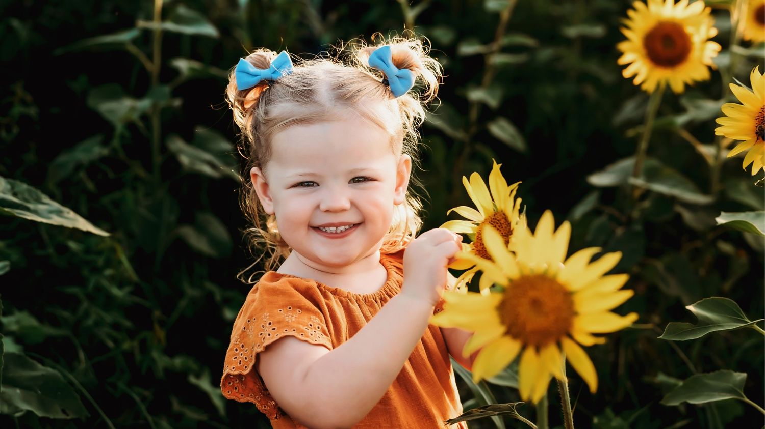 Smiling toddler girl with flower hair clips holding sunflowers in a sunny garden wearing an orange dress.
