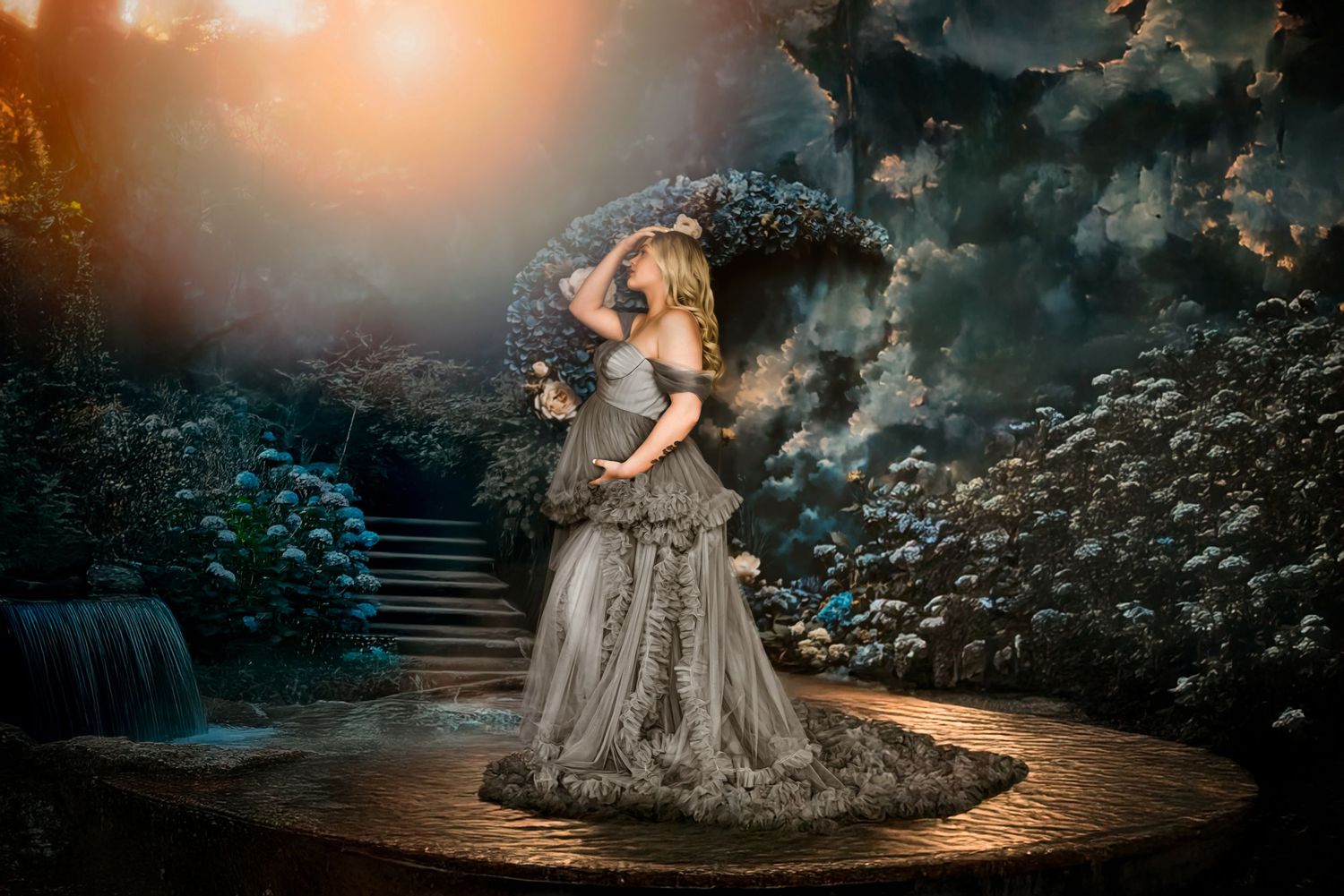 A figure in an ornate gray gown stands in a mystical garden setting with dramatic lighting and stone steps.