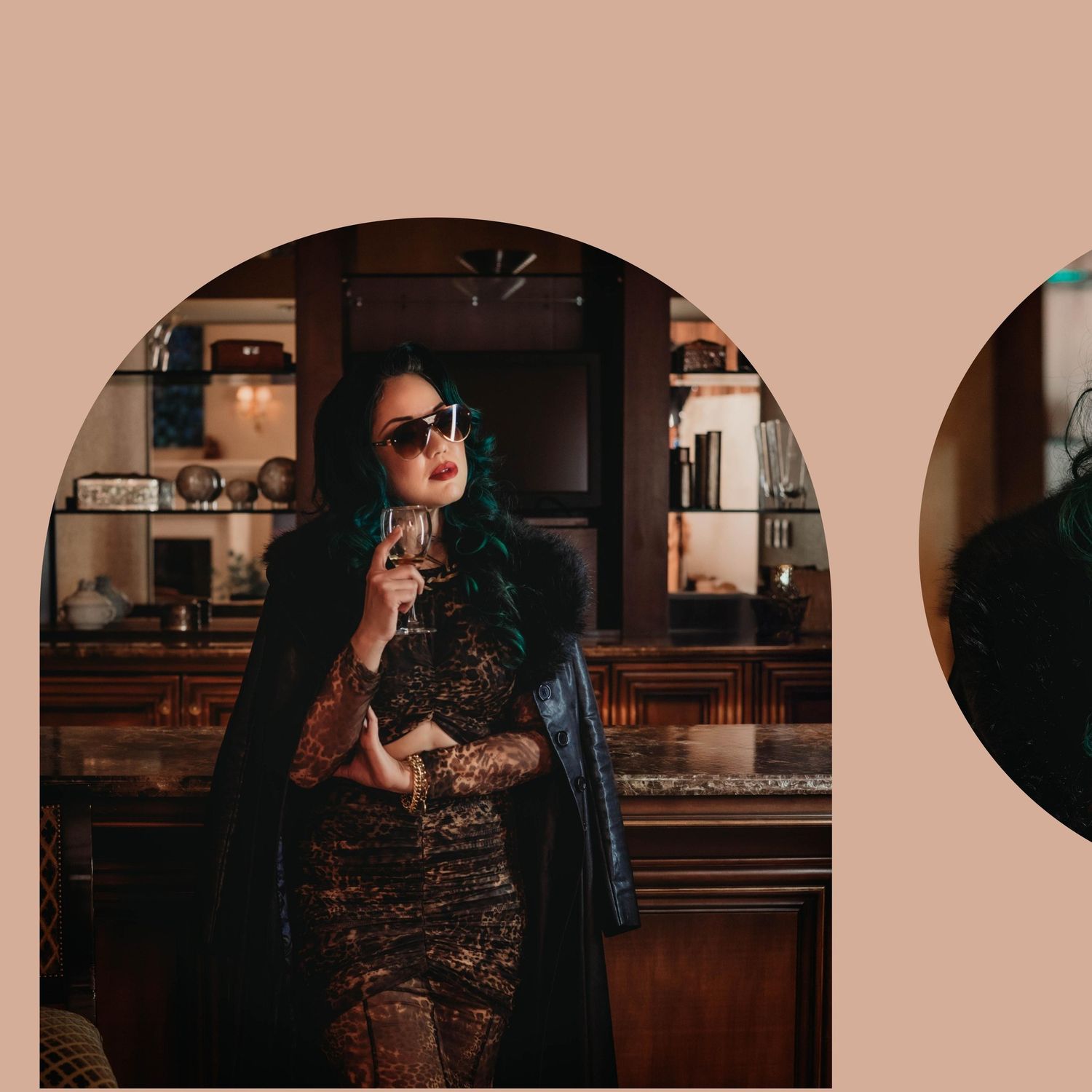 A glamorous boudoir photoshoot featuring dark moody lighting and vintage-style decor.