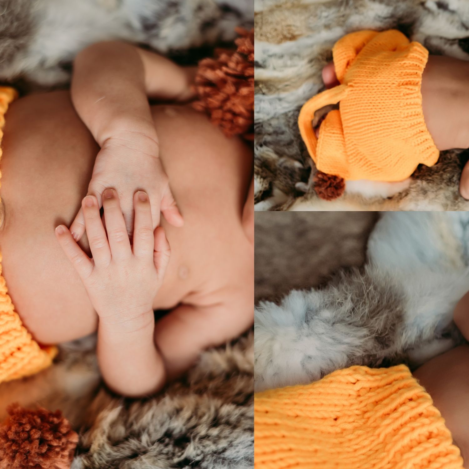 Close-up details of a newborn photography session with orange knit accessories and soft textures.