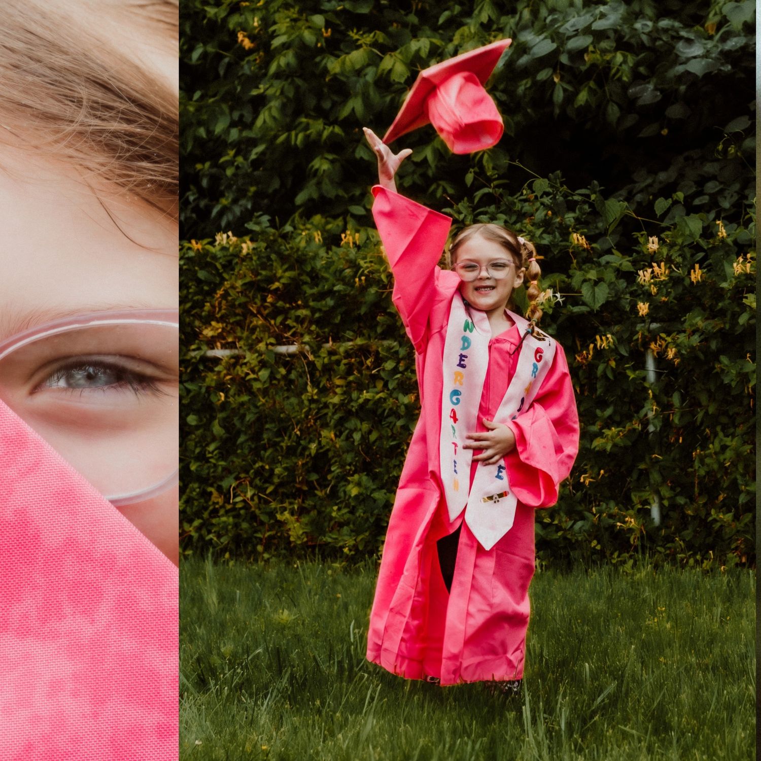 Series of graduation portraits showing pink gown and celebratory moments in a garden setting.