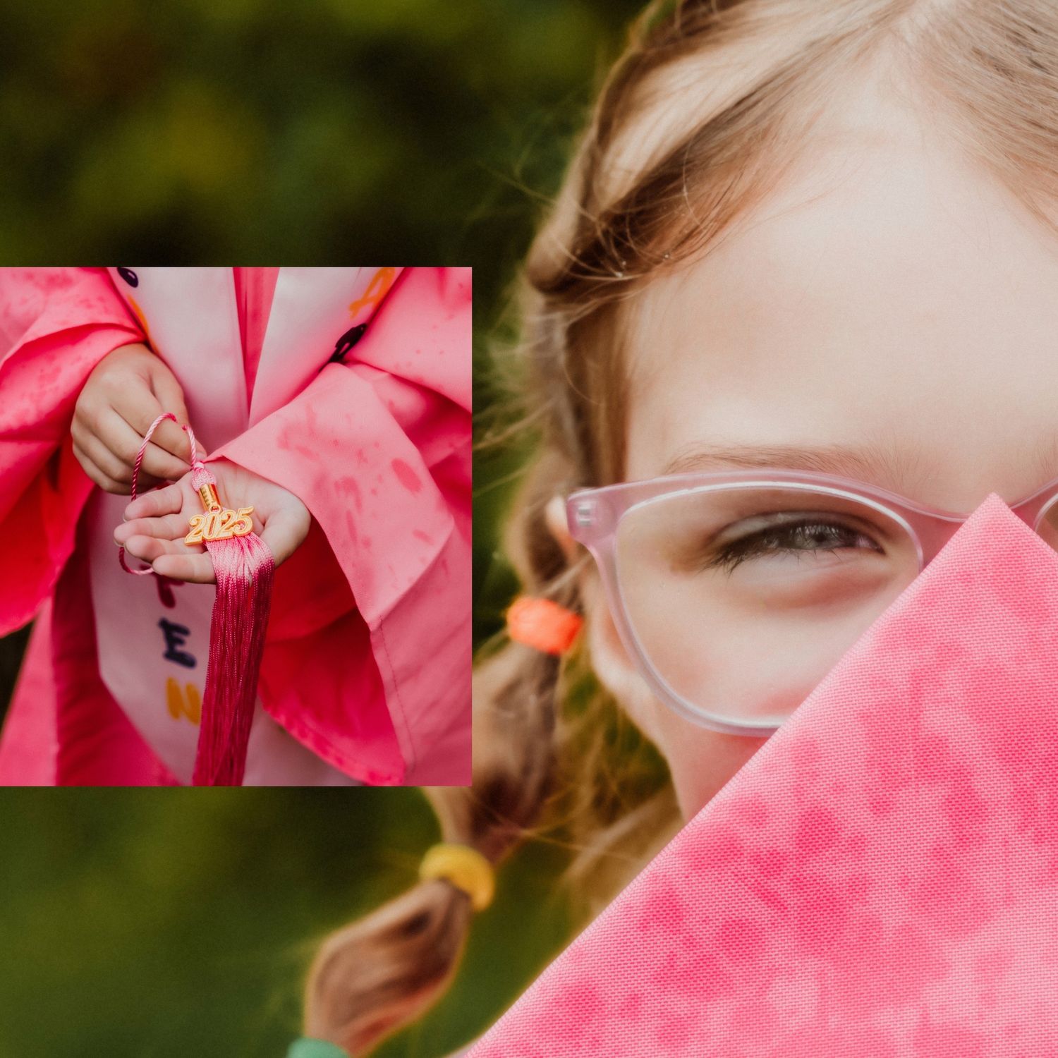 Close-up details of pink graduation attire and decorative elements against green foliage.