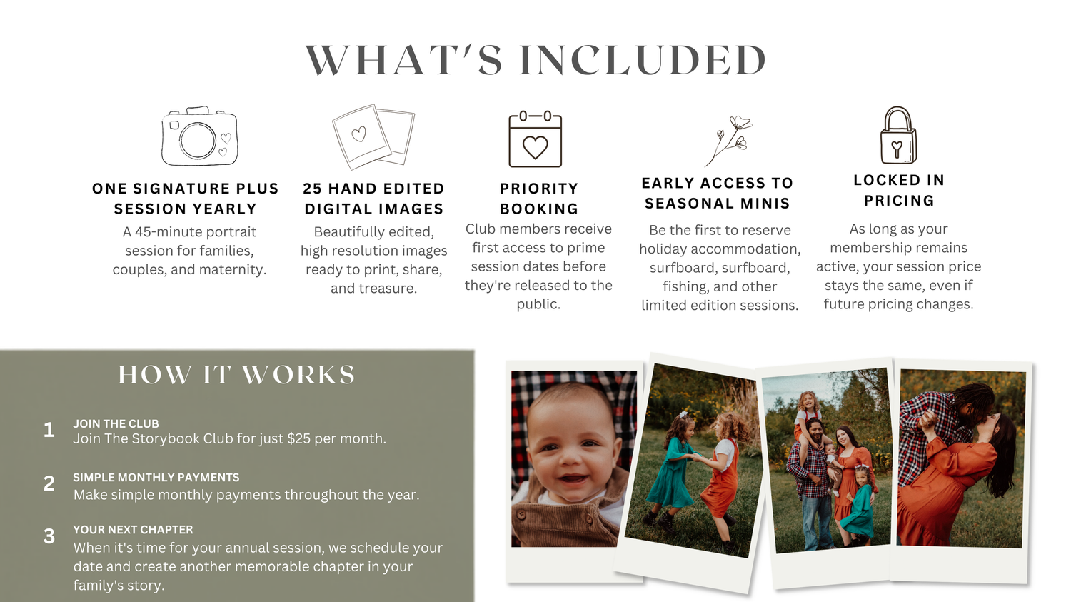 Infographic detailing a photography club membership with session options, digital images, priority booking, and locked-in pricing benefits.