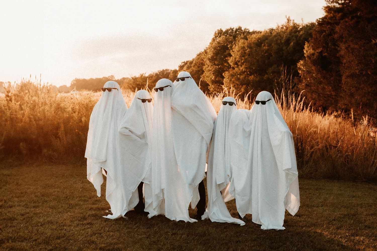 Group of people dressed as ghosts in white sheets standing in a golden field at sunset during Halloween.