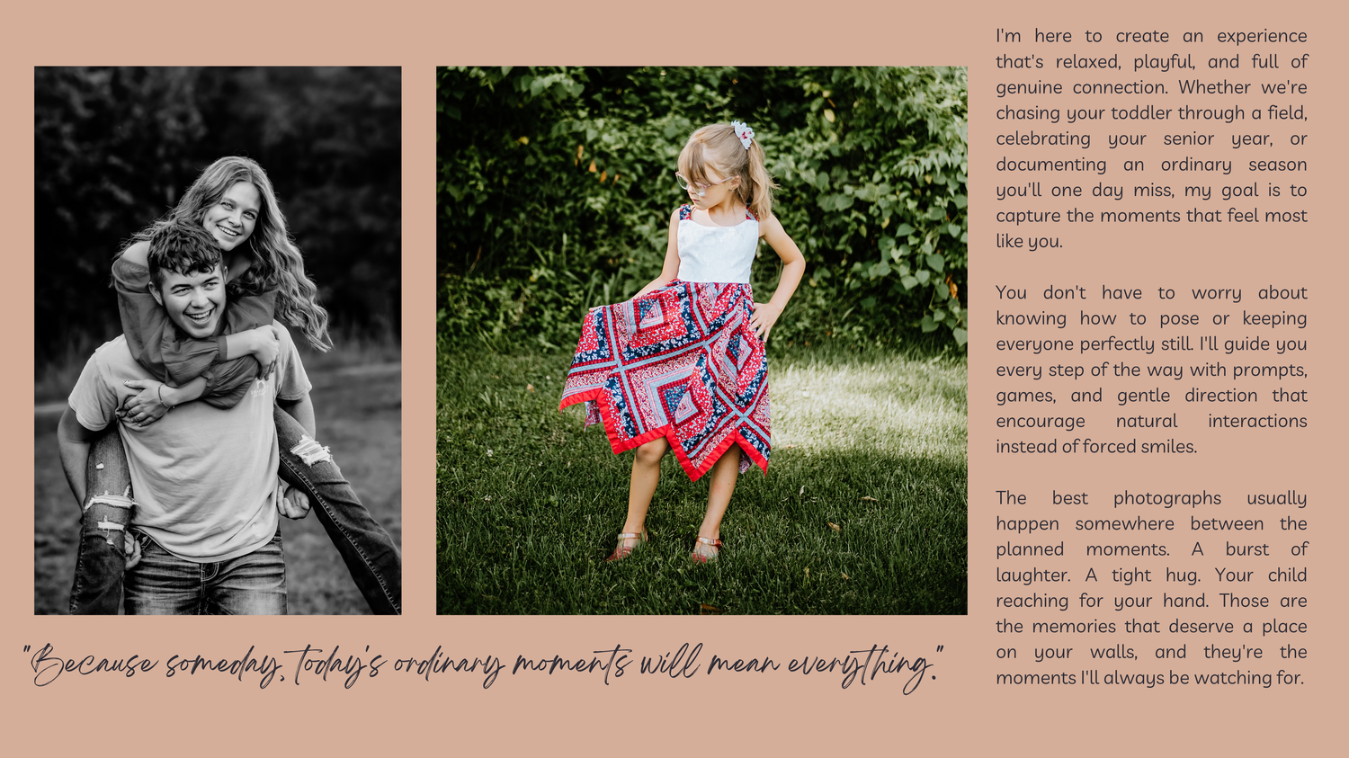 A joyful father gives his daughter a piggyback ride outdoors, while she twirls in a colorful dress among green foliage.