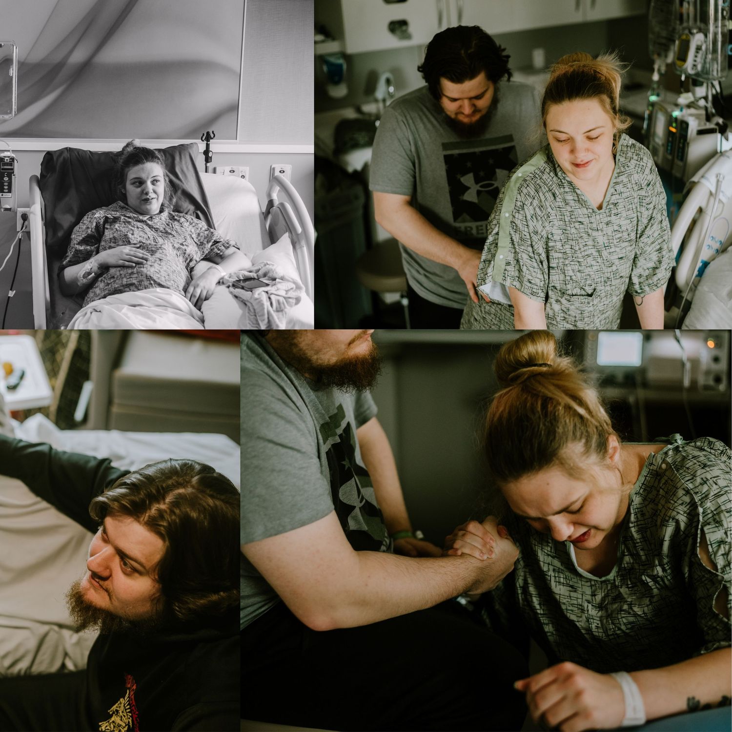A woman in labor at a hospital with her partner providing support during childbirth in a medical setting.