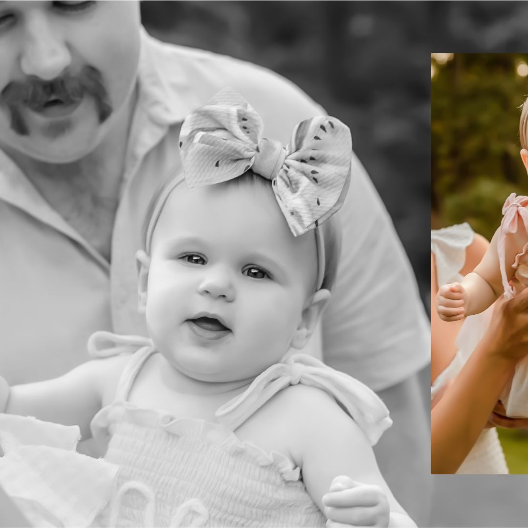 Sweet candid moments of a baby wearing a bow in black and white photography.
