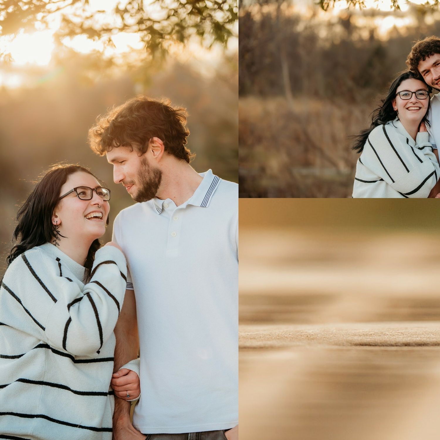 Couple embracing and laughing together during golden hour photoshoot.