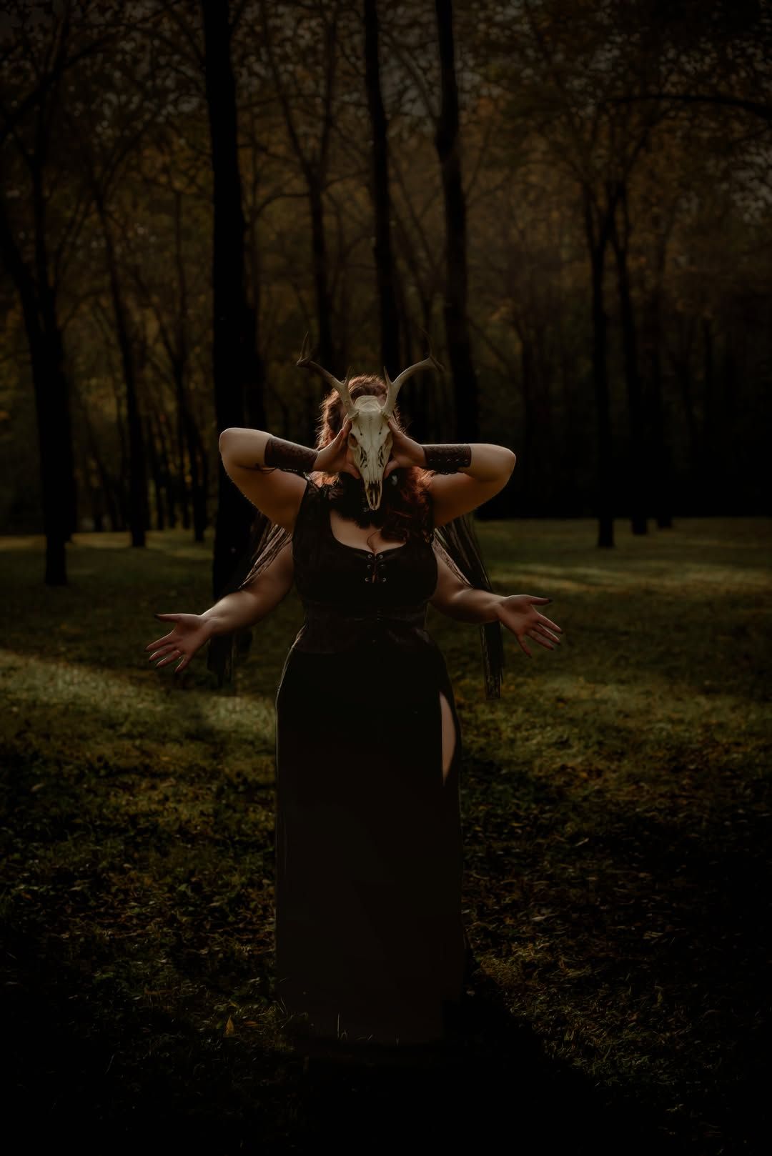 A mysterious figure in a black dress wearing an animal skull mask stands in a dark, moody forest clearing.