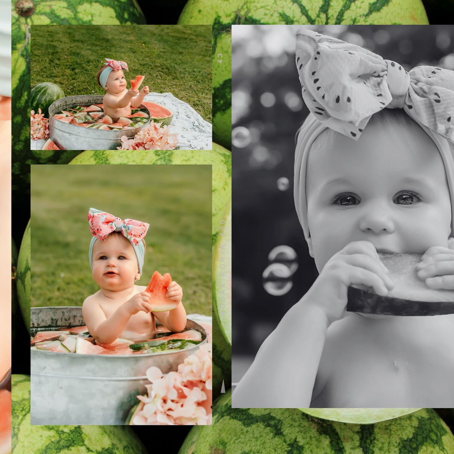 Collage of baby photos with watermelon themed photoshoot on grass background.