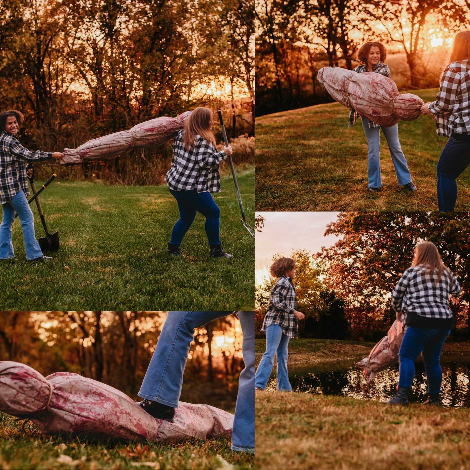 Action sequence of people playing and posing in a grassy field at sunset.