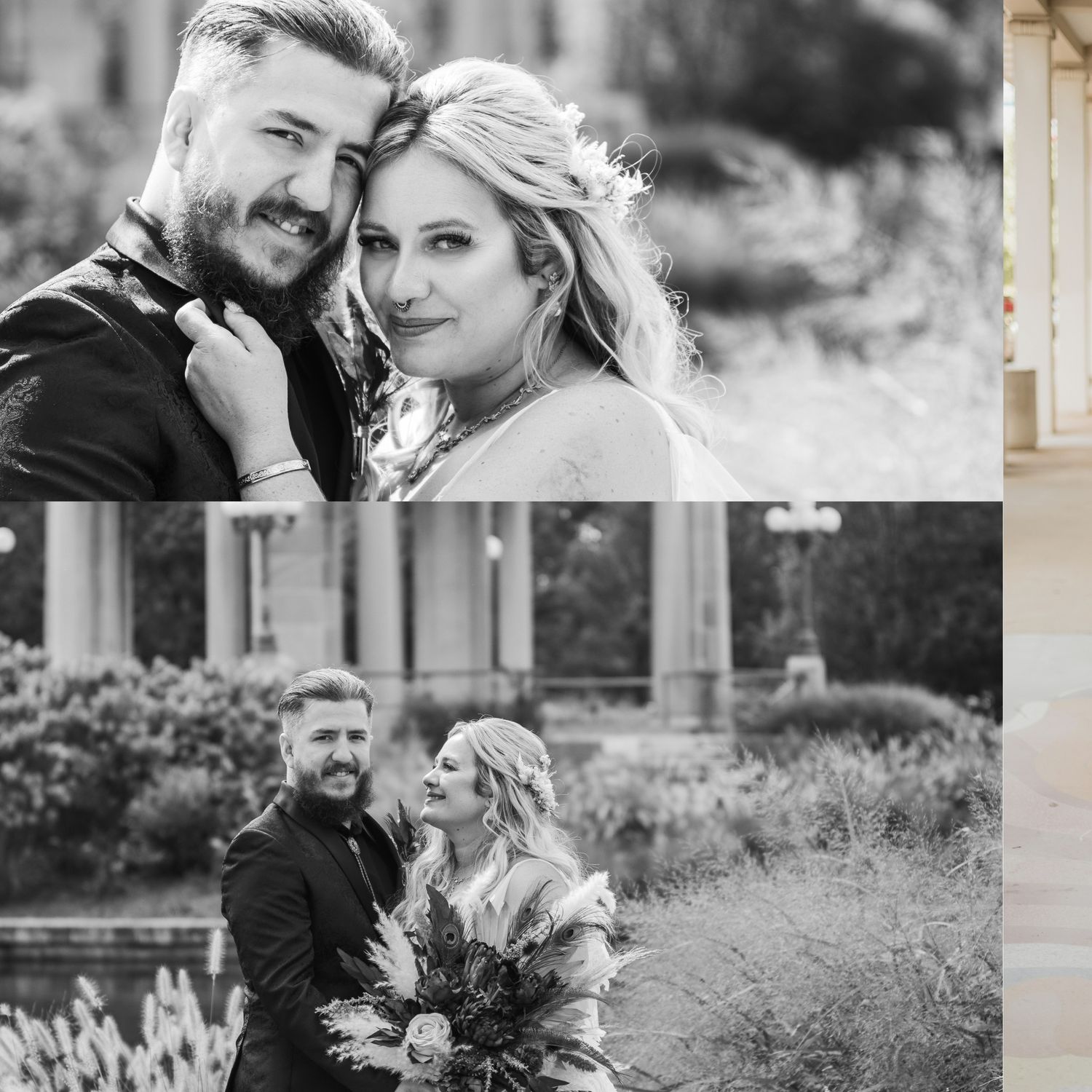 Black and white romantic portrait in an outdoor setting.
