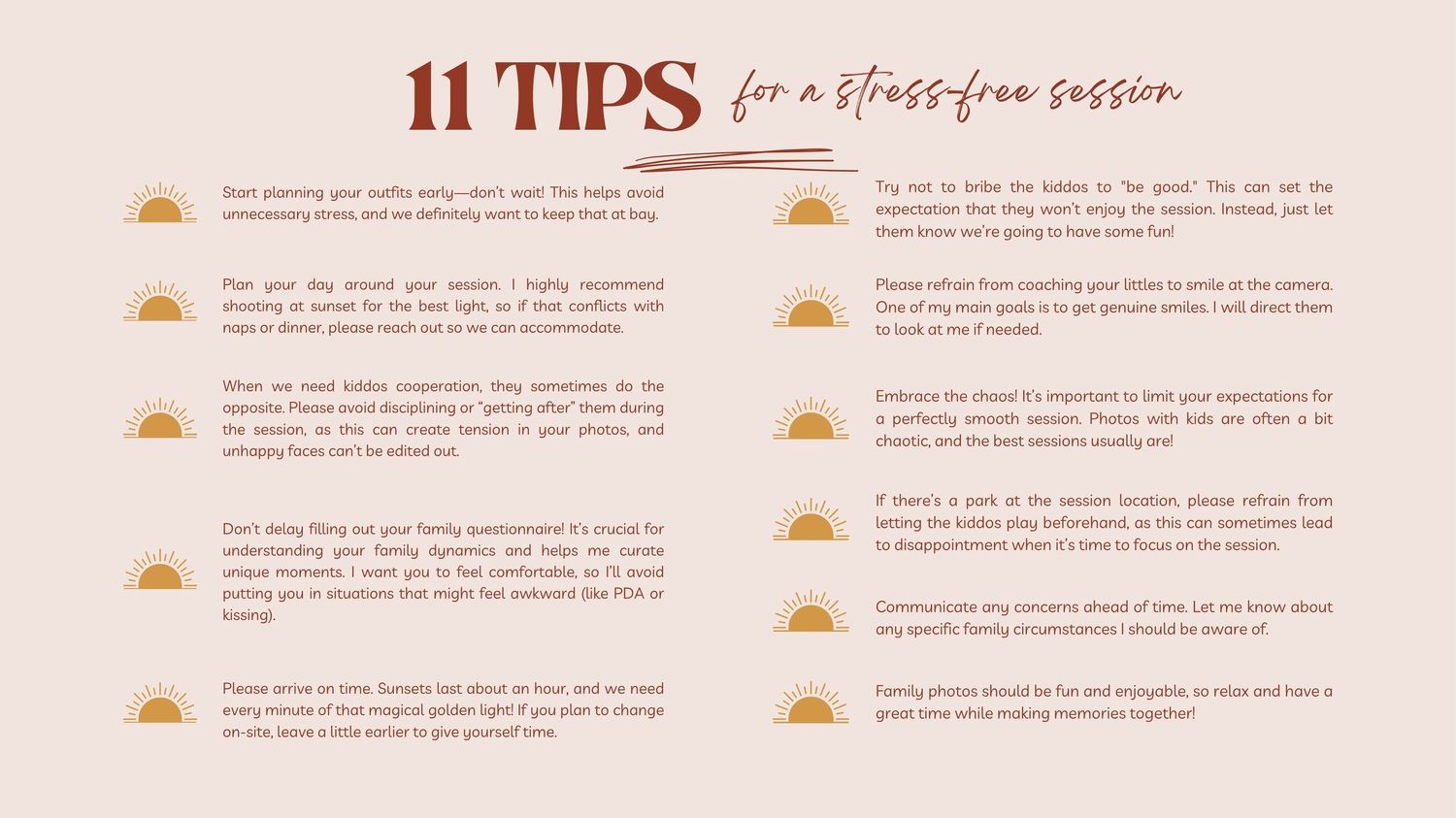 Infographic listing 11 tips for a stress-free photography session on a beige background with orange accents.