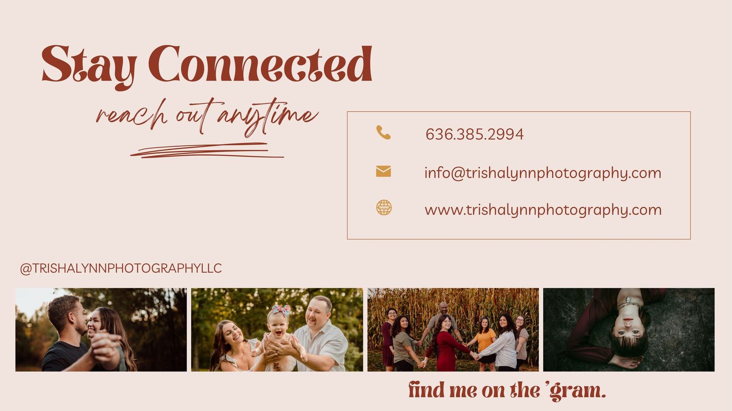 A photography studio contact card featuring family portrait samples, social media handle, phone number, email, and website details.