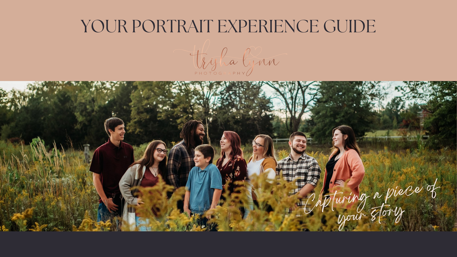 Portrait experience guide cover featuring a large family group posing in a golden wildflower field during sunset.
