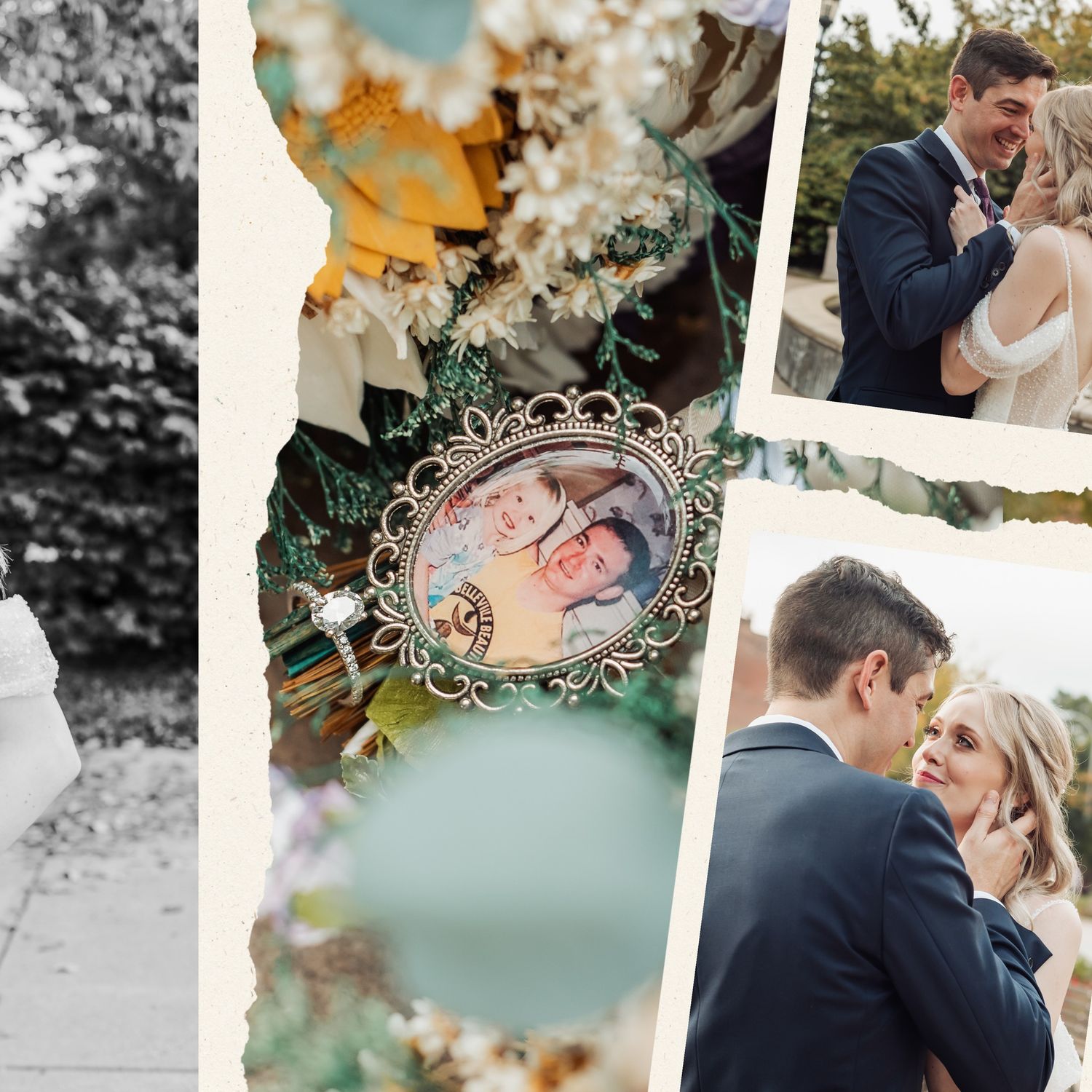 Wedding photo collage with romantic moments and floral details in vintage style.