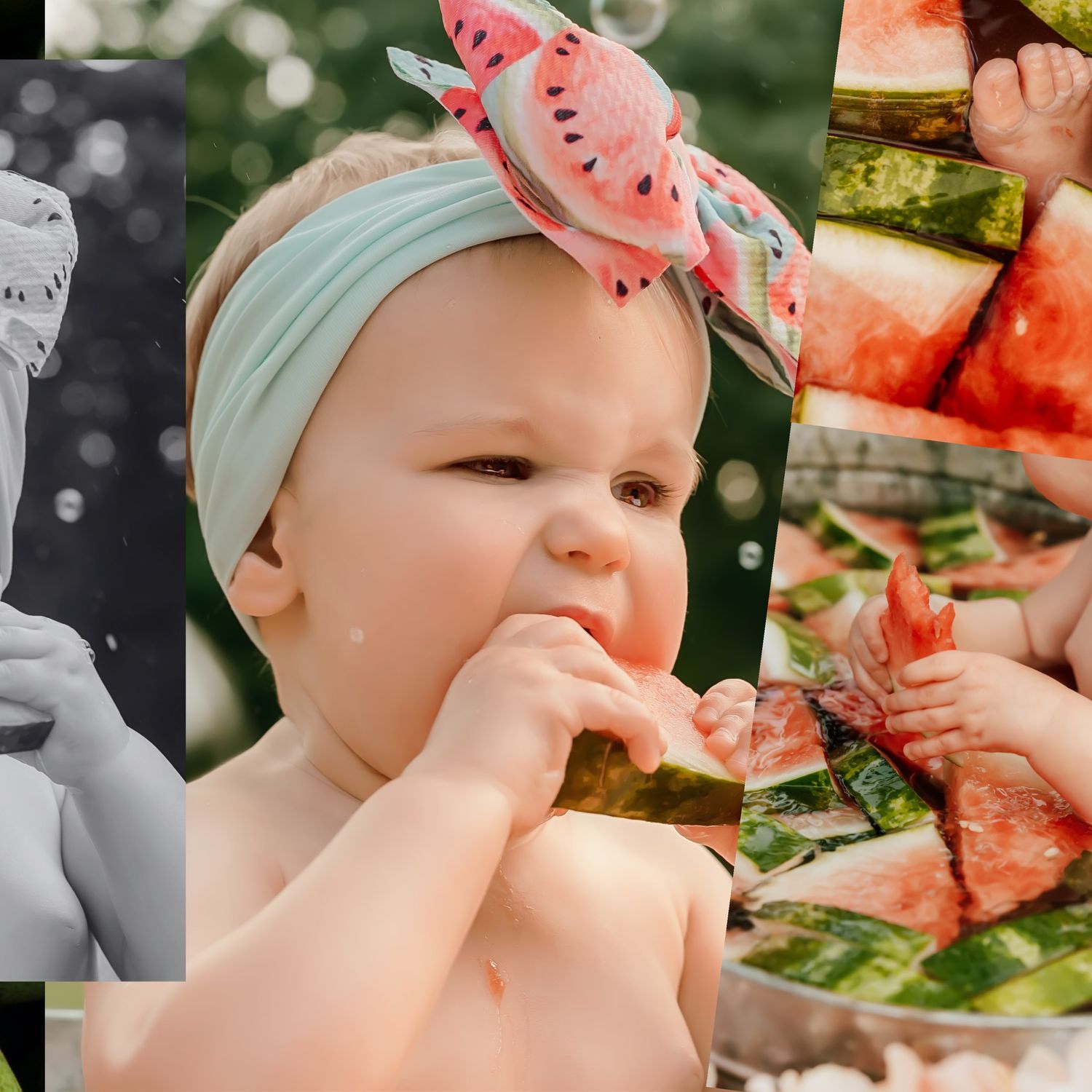 Watermelon themed baby photoshoot collage with black and white elements.