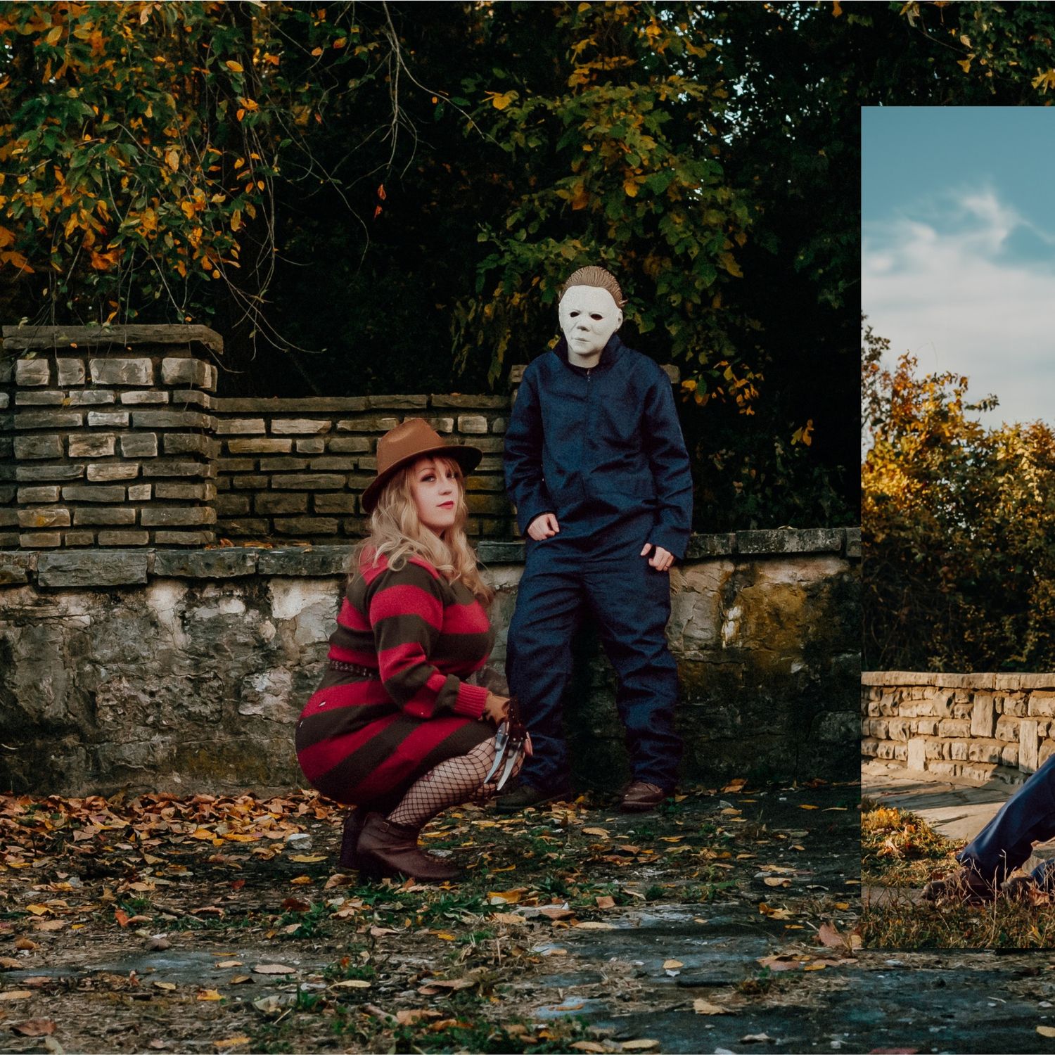 Dramatic fall photo shoot with costumed figures by old stone wall.