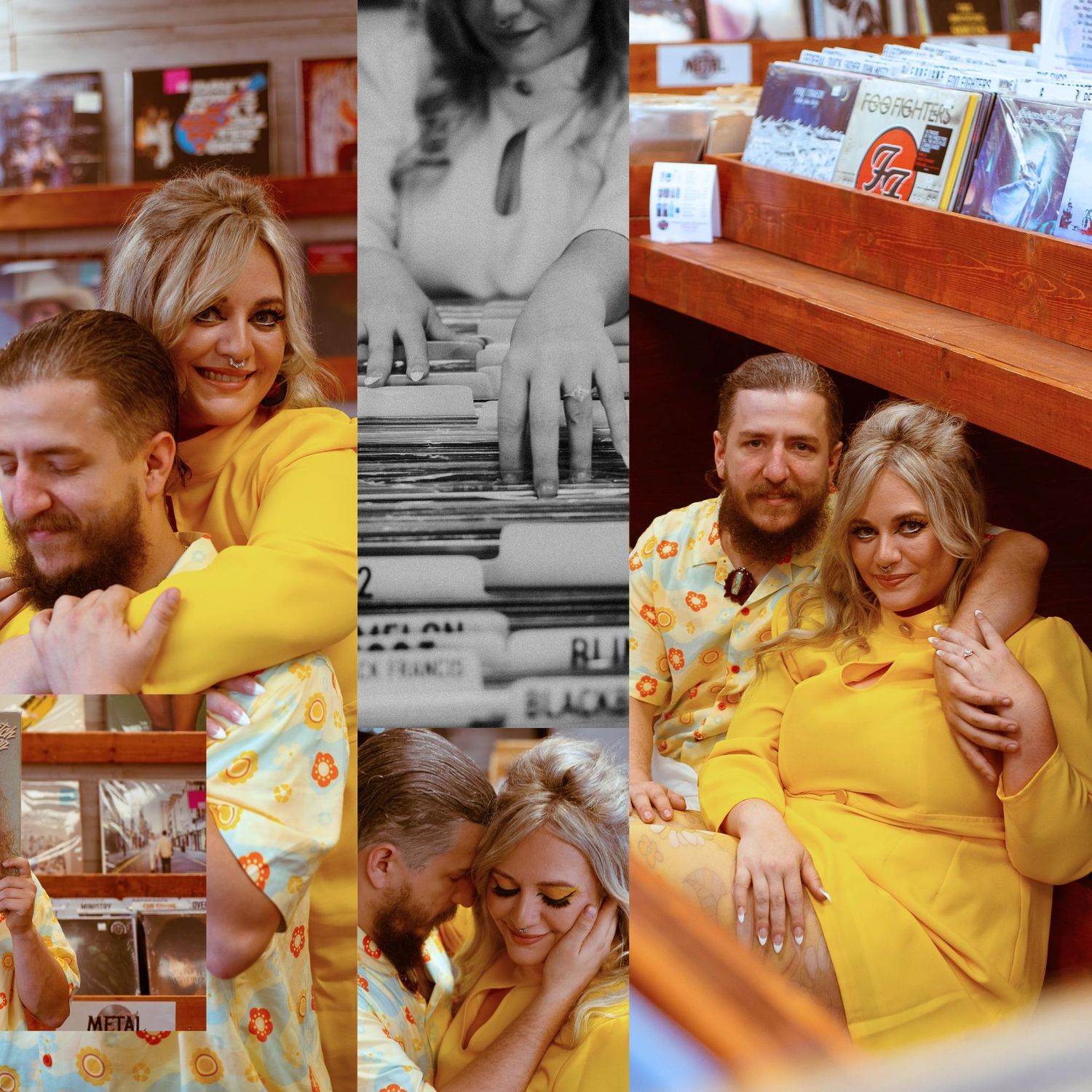 Collection of candid moments in yellow attire at local record store.