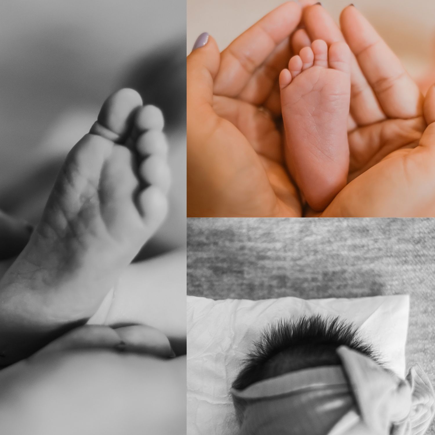 Collection of artistic close-up shots featuring tiny baby feet and hands.