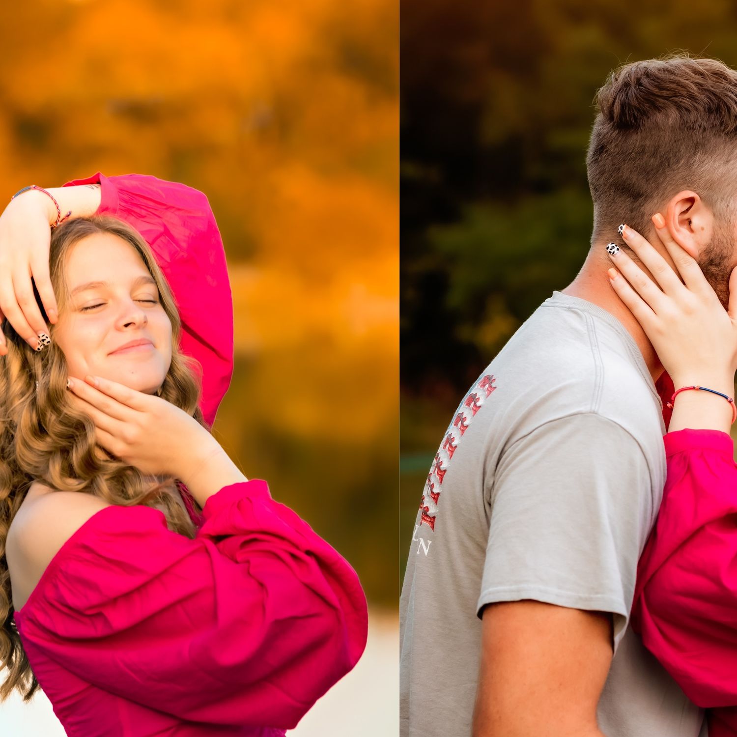 Playful outdoor portraits with red hoodie against warm autumn background.