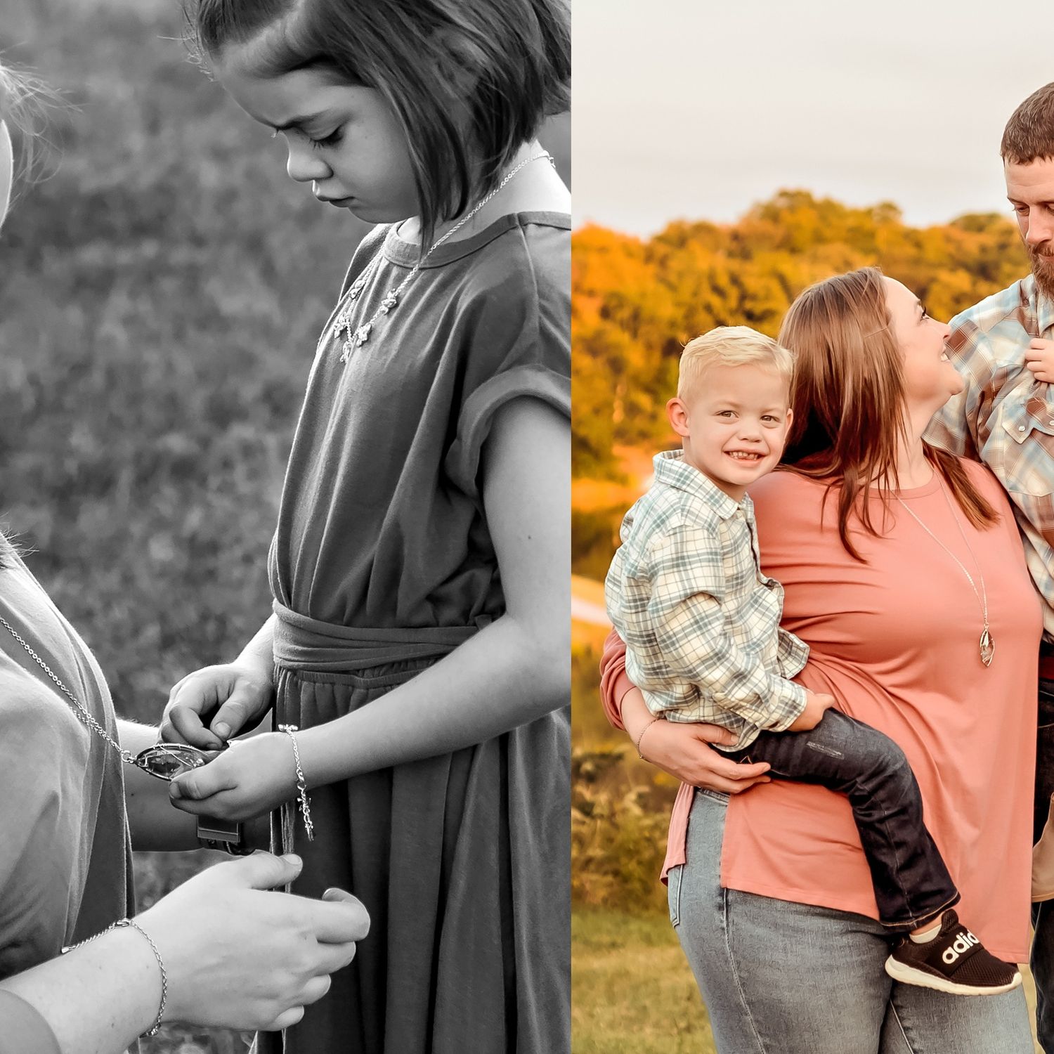 Family portrait collage showing tender moments against autumn foliage and black and white contrast.