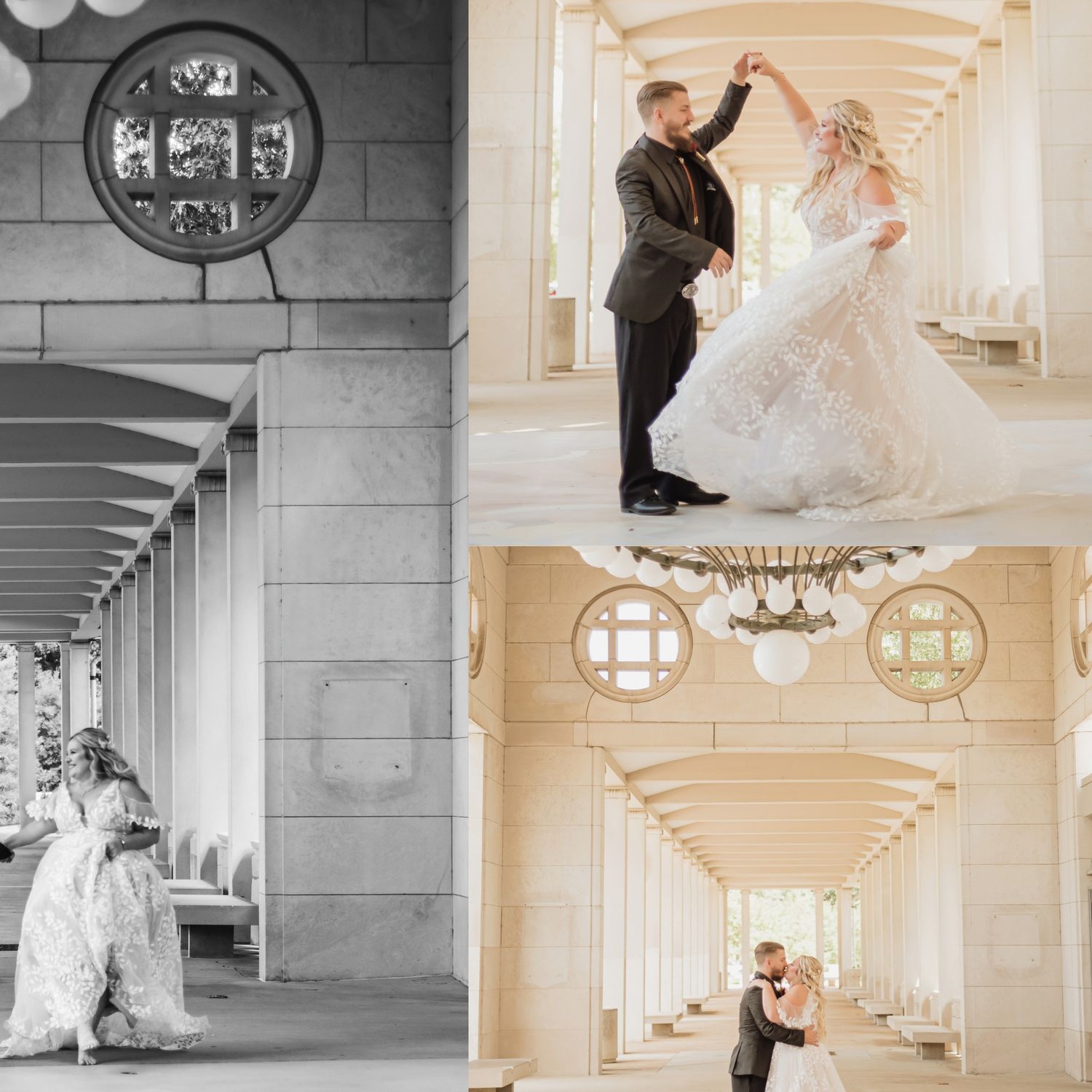 Elegant wedding photos captured in a classical colonnade with repeating arches.