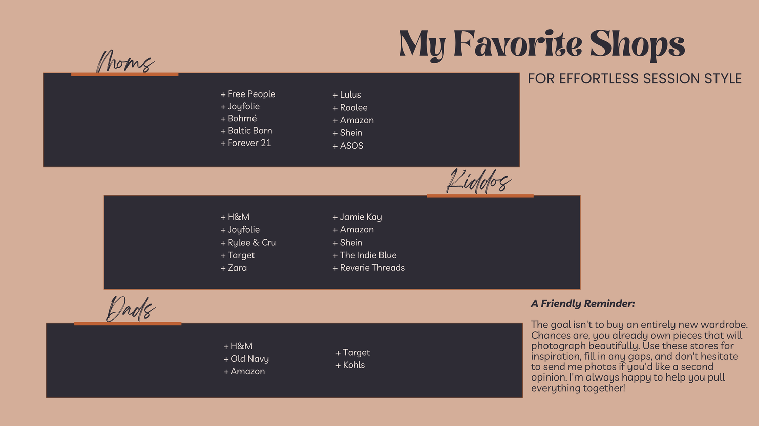 A Pinterest-style graphic listing favorite shops for effortless session style, including Free People, Target, and Amazon.