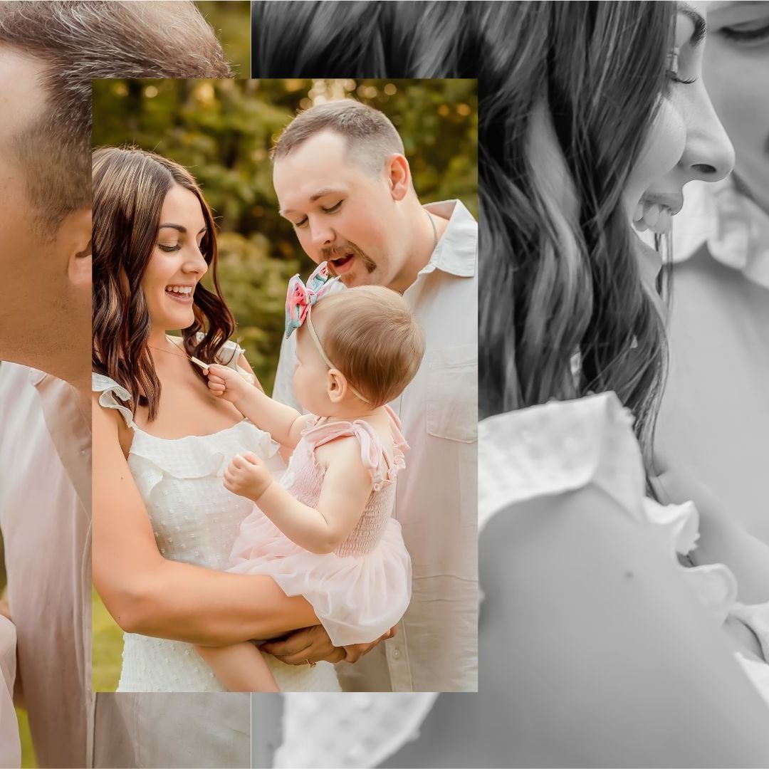A series of tender family moments captured in both color and black and white photography.