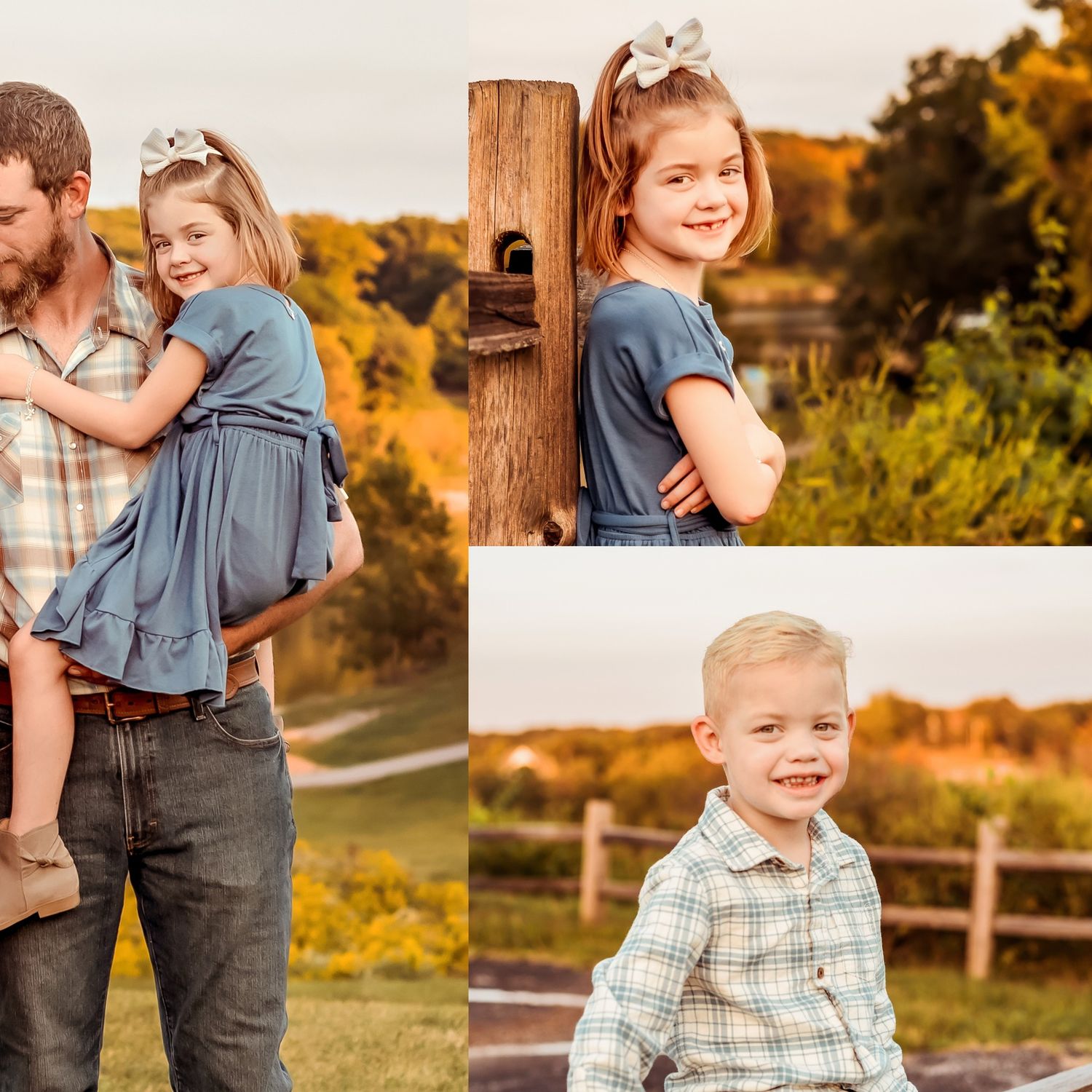 Candid family photos in a rustic outdoor setting with golden fall colors and wooden fence.
