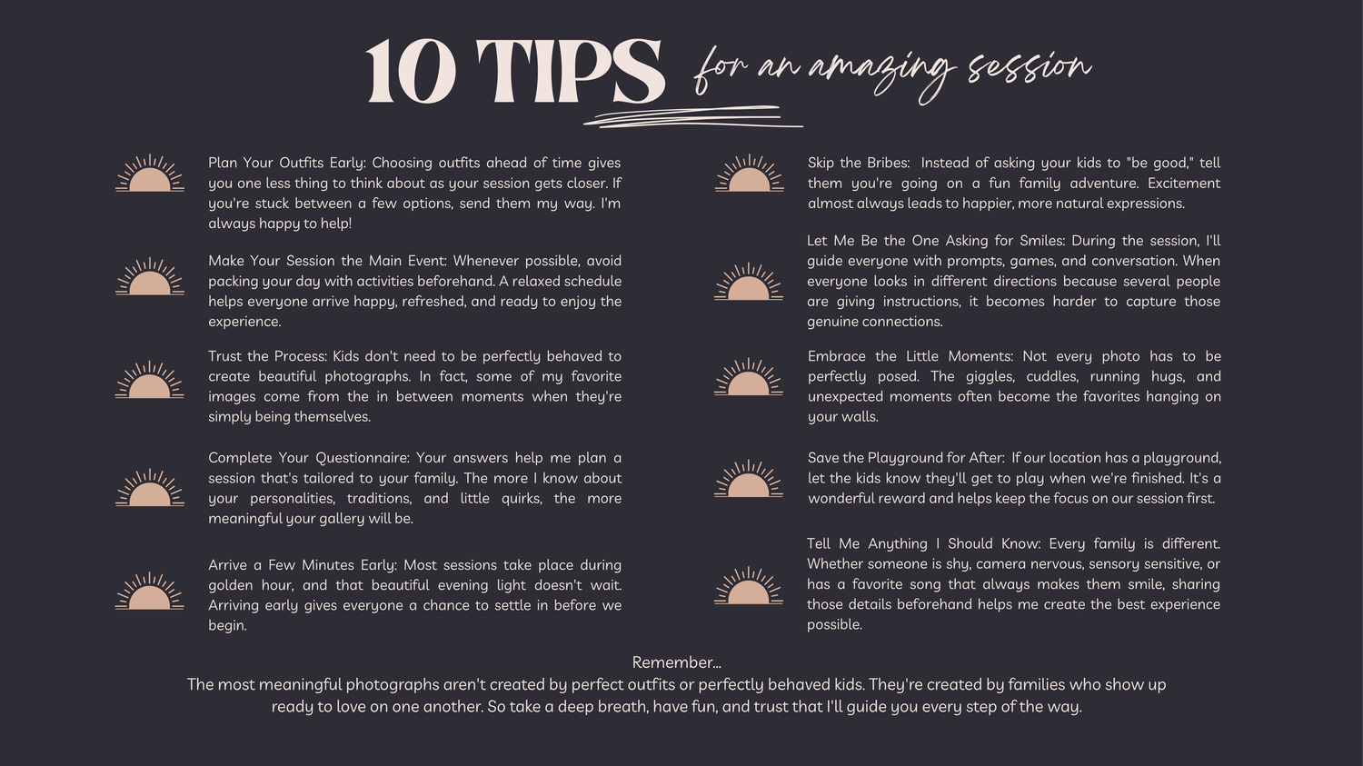 Dark background poster listing 10 tips for an amazing photography session with white and gold text.
