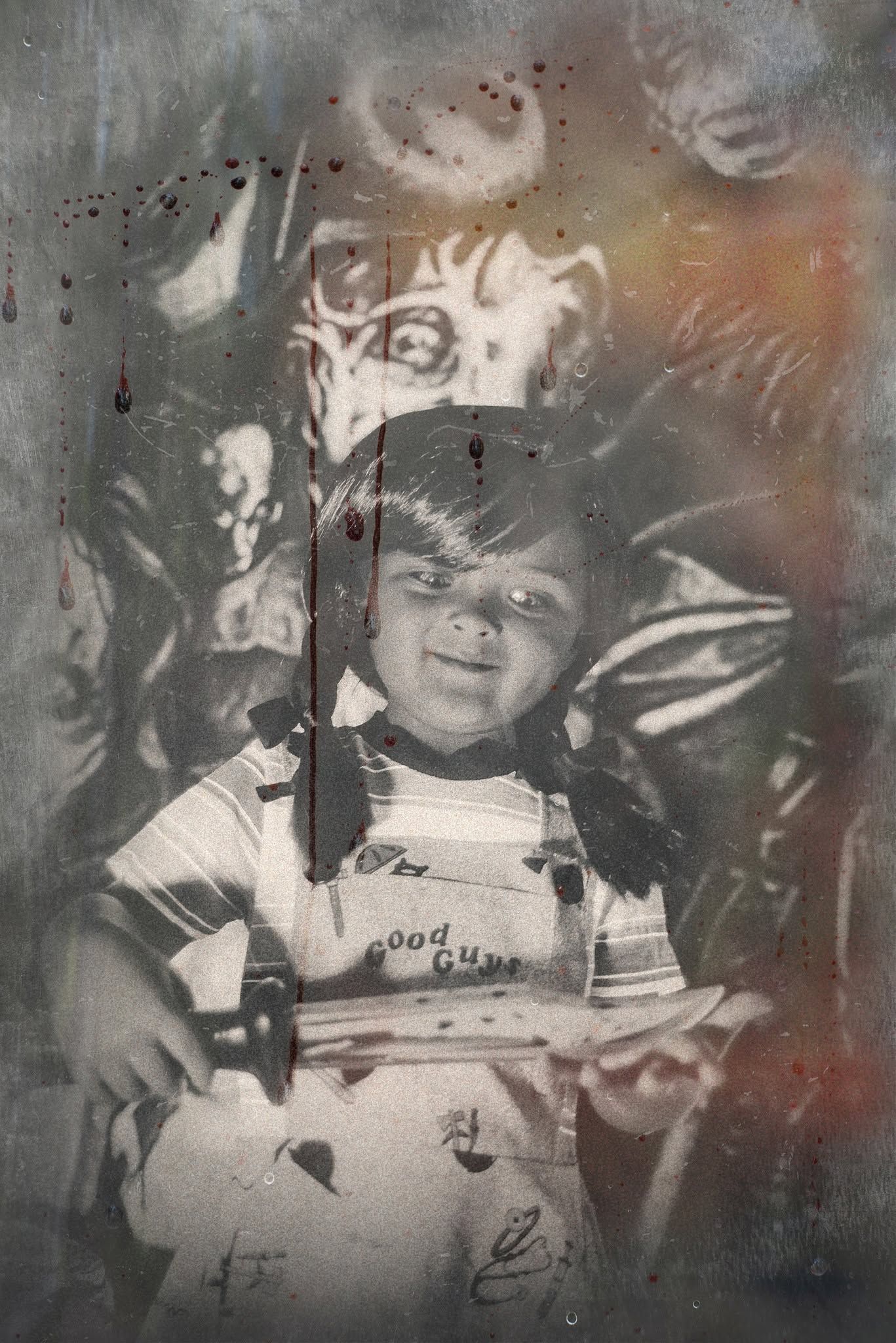 Vintage distressed black and white photo of a young child wearing a Good Guys apron, holding a knife.