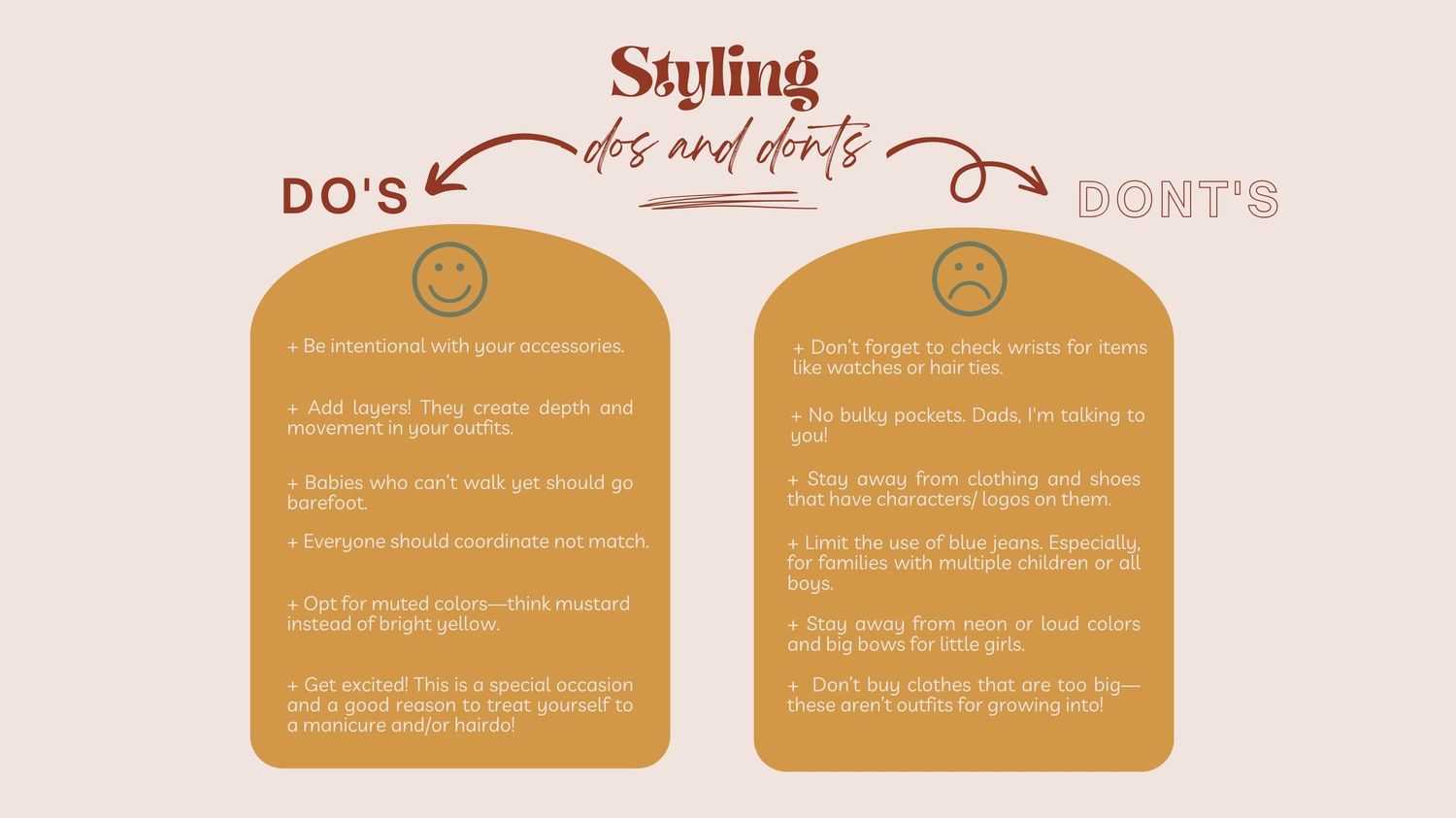 Styling dos and don'ts guide with tips on layering and accessorizing outfits, featuring a warm beige and brown color scheme.