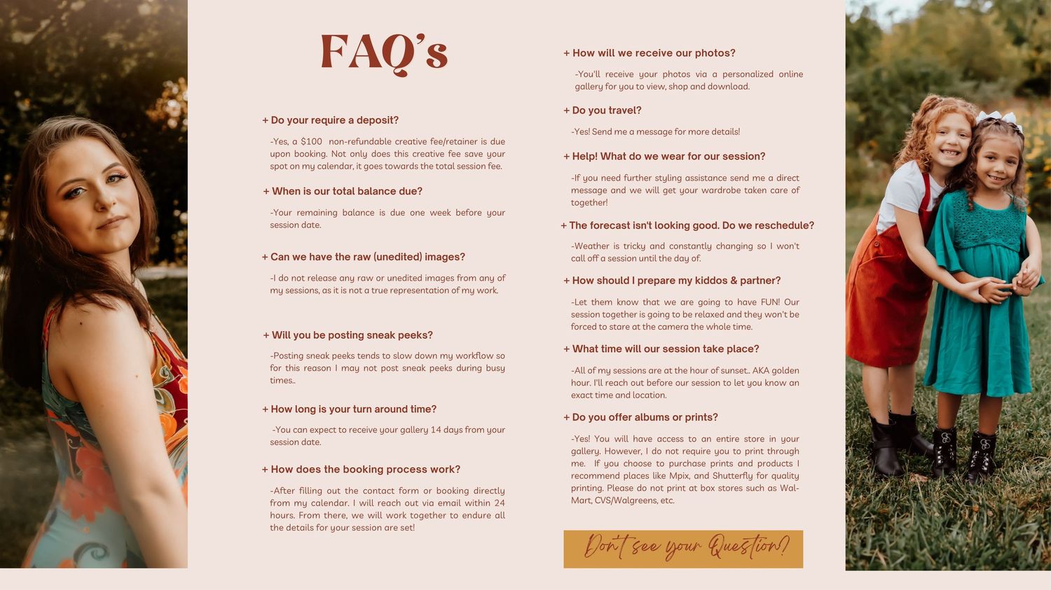 FAQ page for a photography studio featuring a woman and two young girls in colorful dresses posing outdoors.