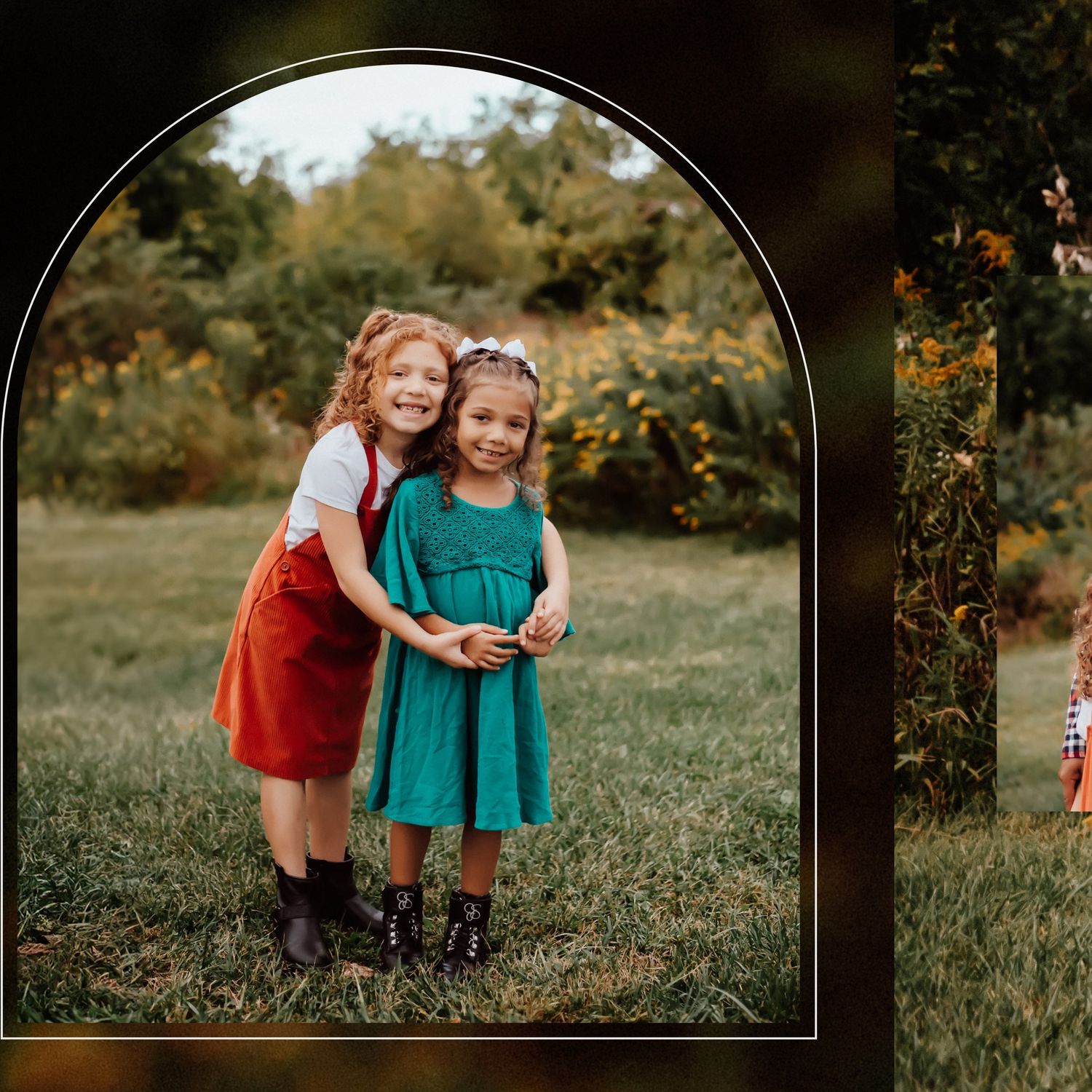 Children in colorful dresses sharing a moment together under an arched frame outdoors.