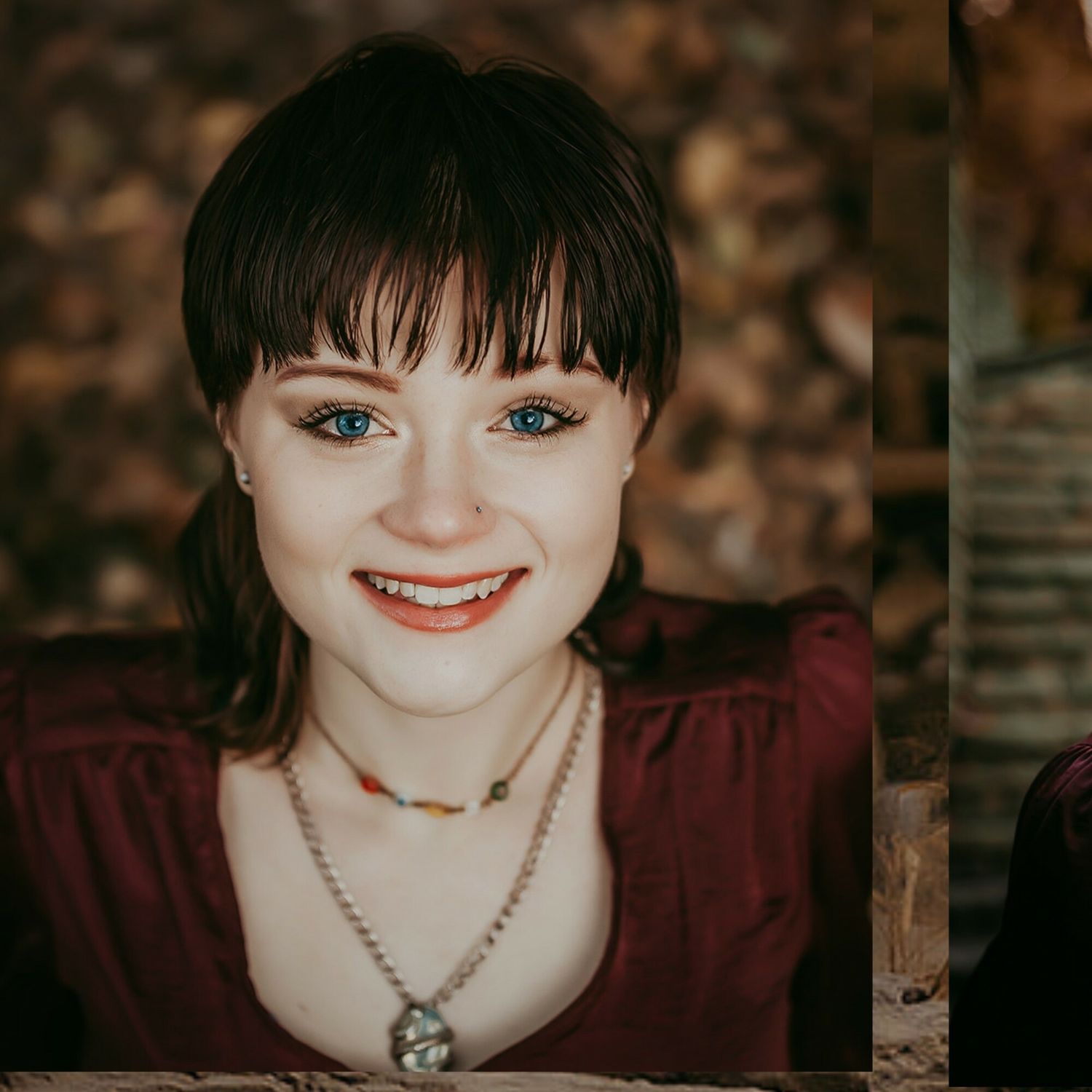 Close-up portrait series with dark necklace and burgundy top in warm lighting.