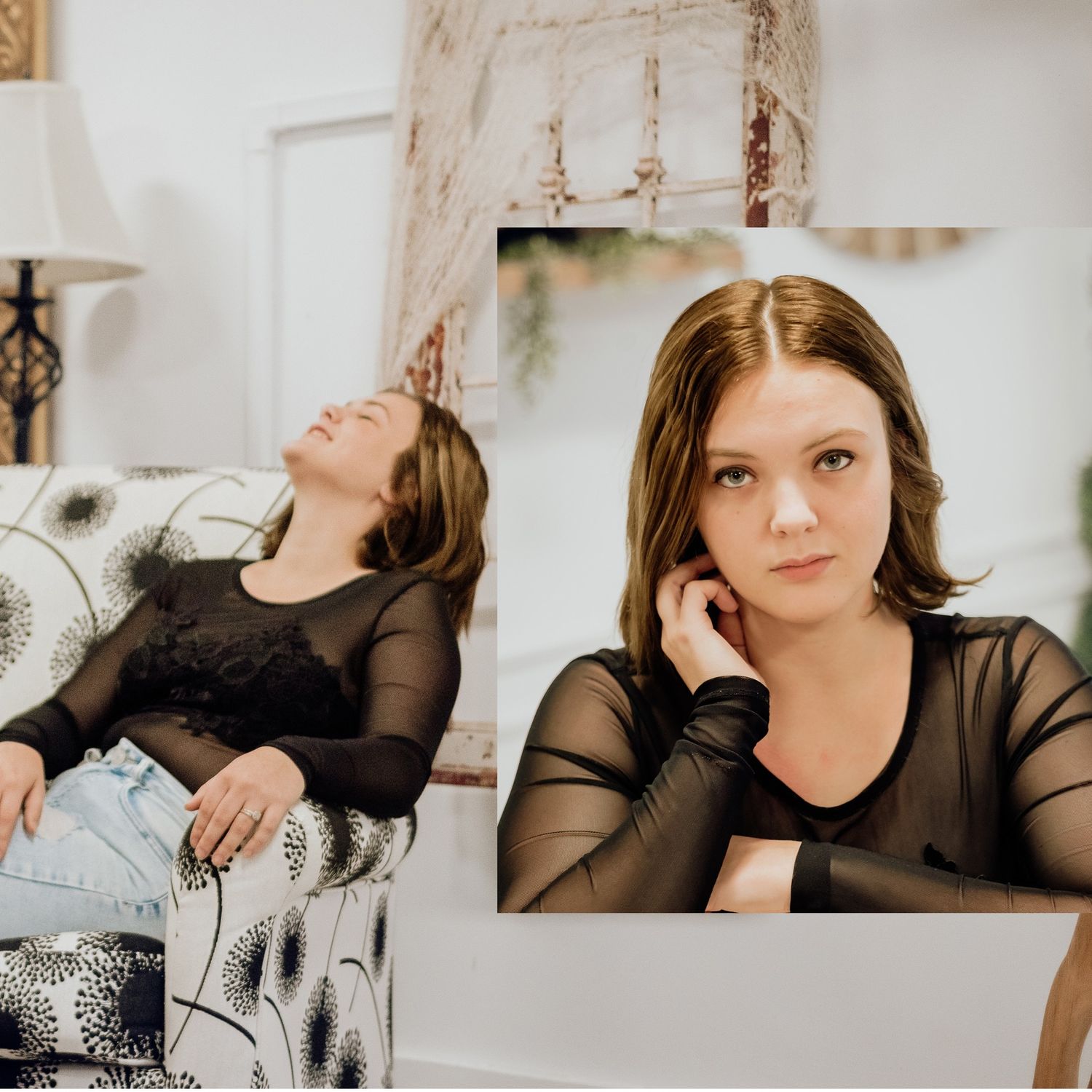 Artistic boudoir photo series featuring moody indoor portraits with soft lighting and neutral tones.