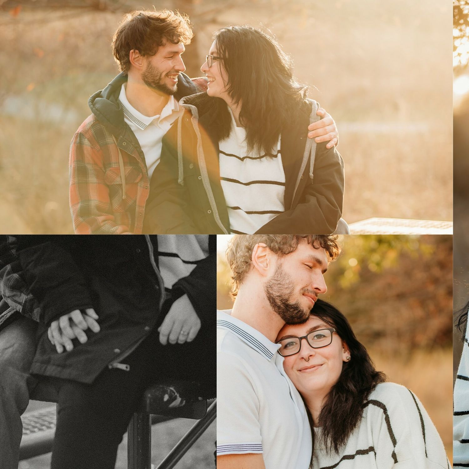 Romantic couple sharing intimate moments together in warm sunset lighting.