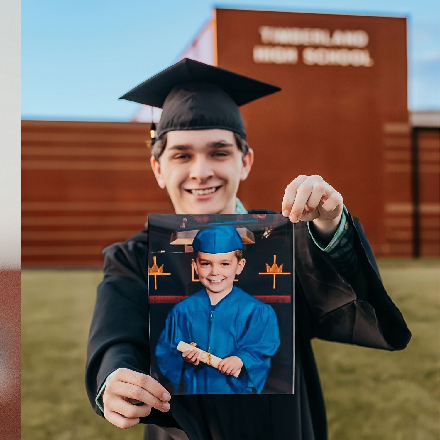 Graduation photo collage showing diploma presentation and celebratory poses in cap and gown.