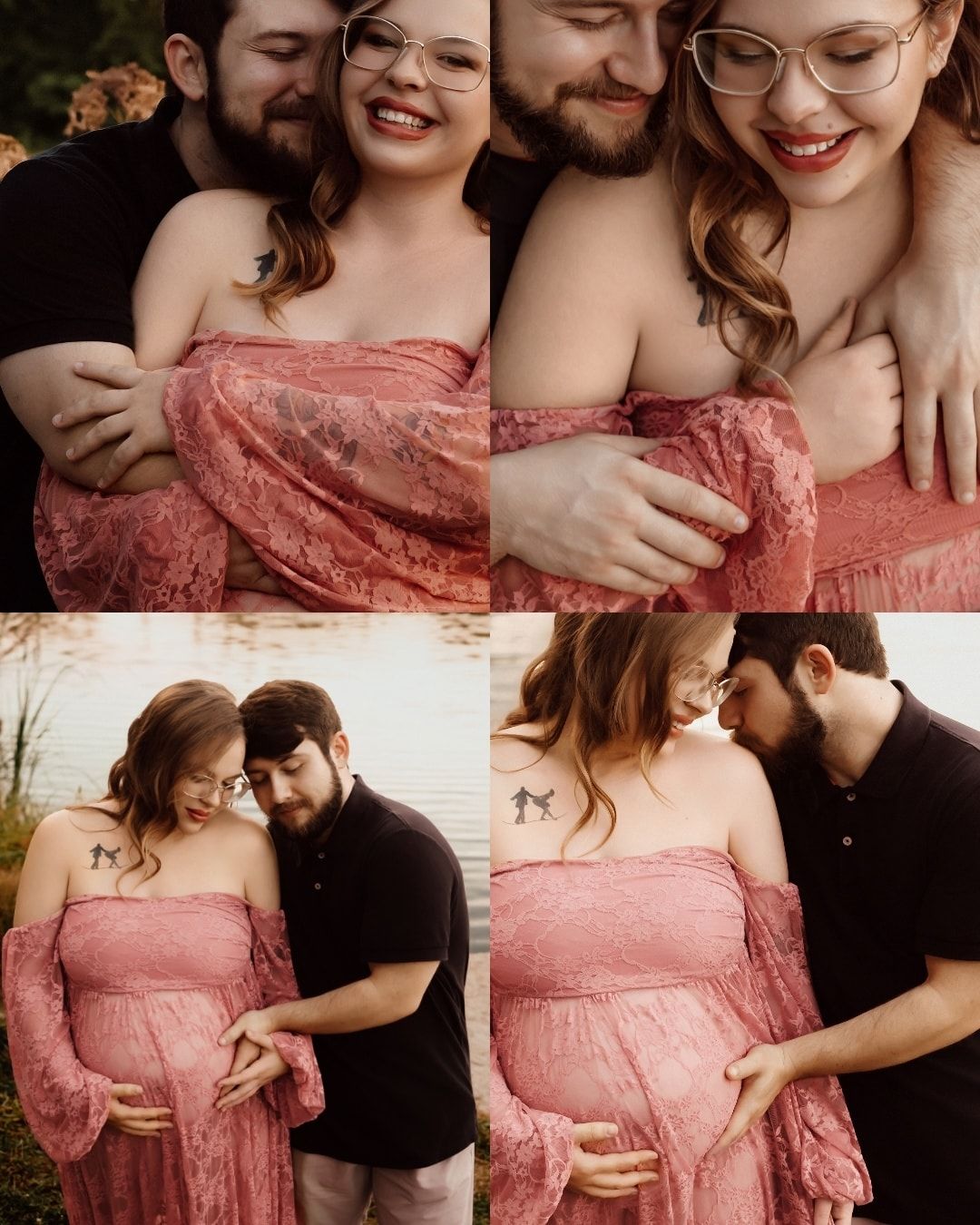 Intimate maternity photo session featuring a couple in a pink lace dress against a natural outdoor setting.