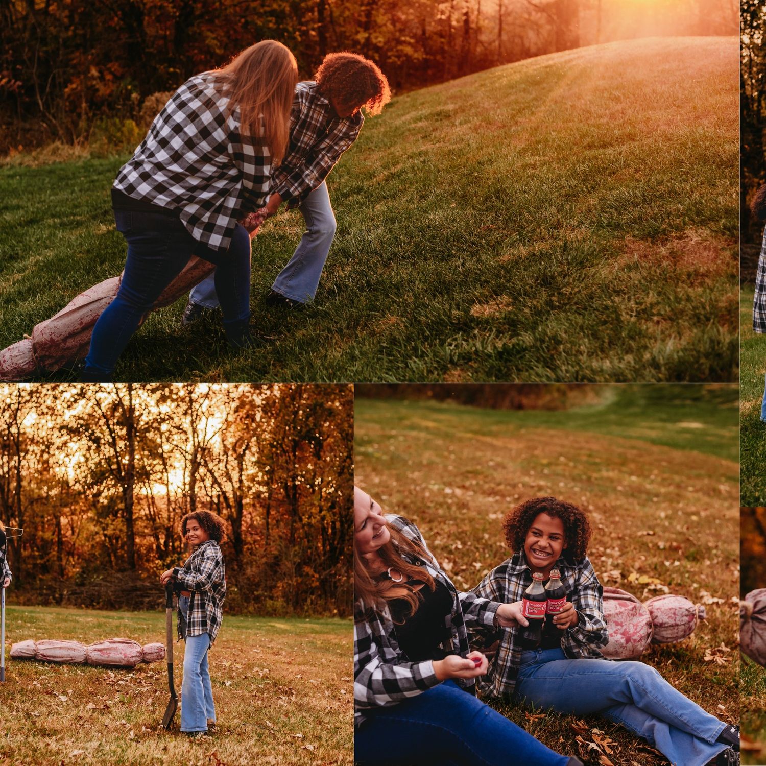 Sequence of playful outdoor family photos taken during golden hour against autumn scenery.