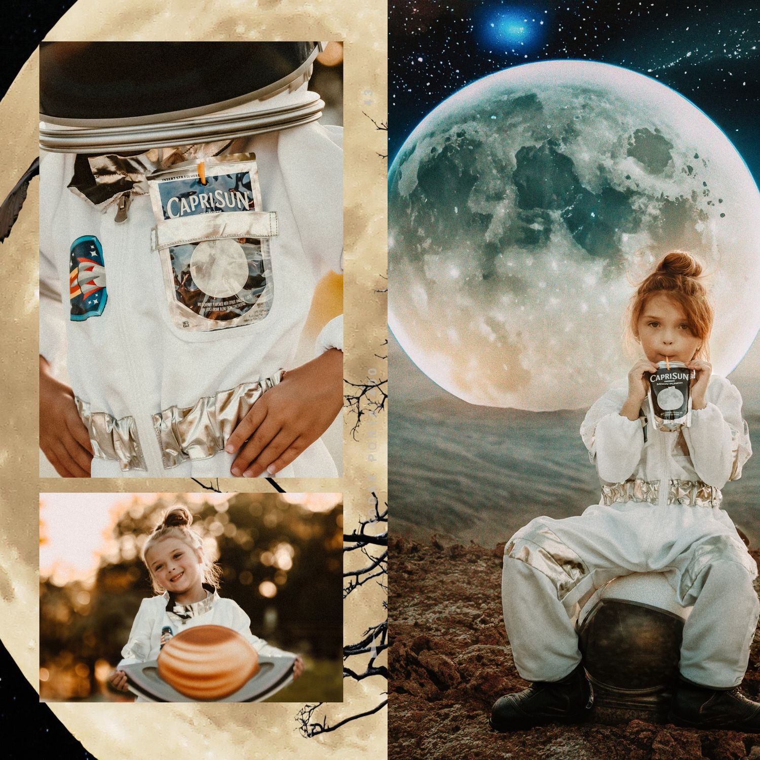 Space-themed photo series with moon backdrop and astronaut props.