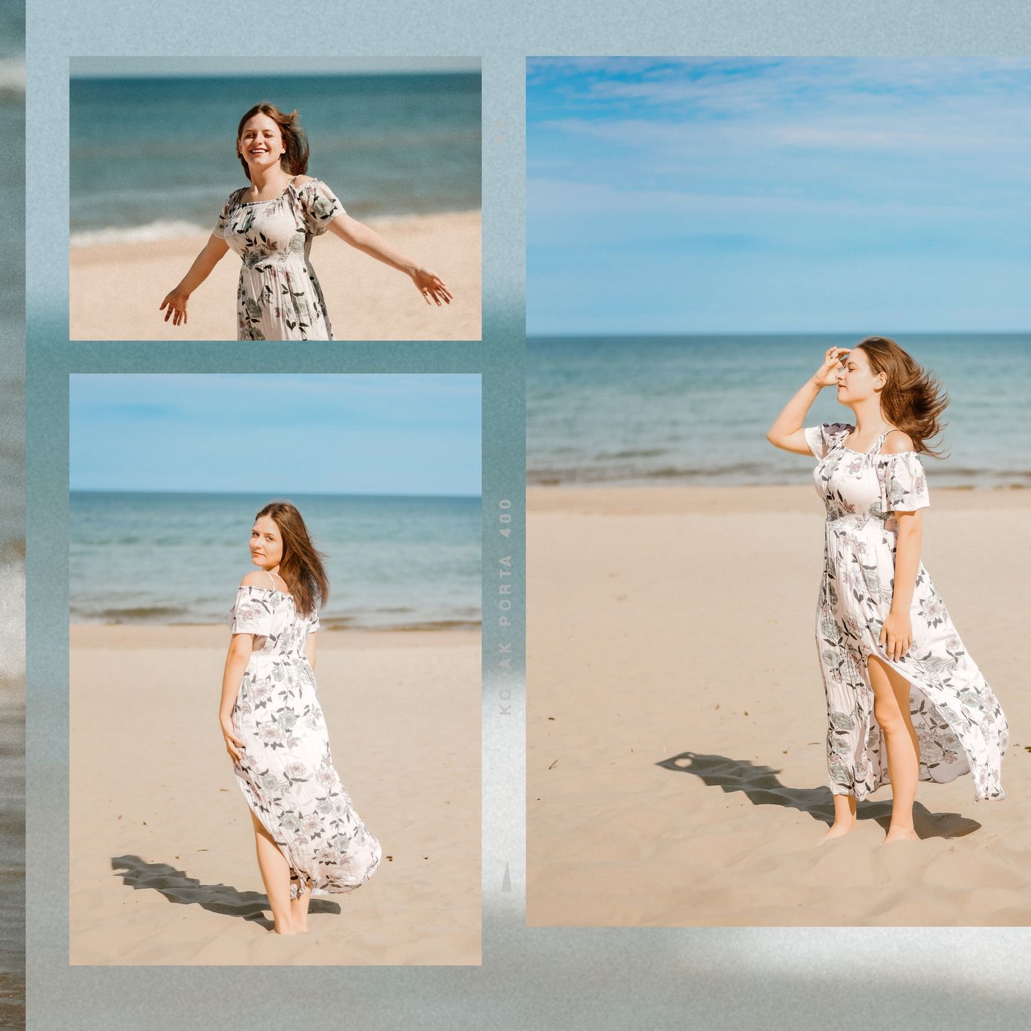 Carefree moments captured on beach with flowing floral dress and ocean waves.