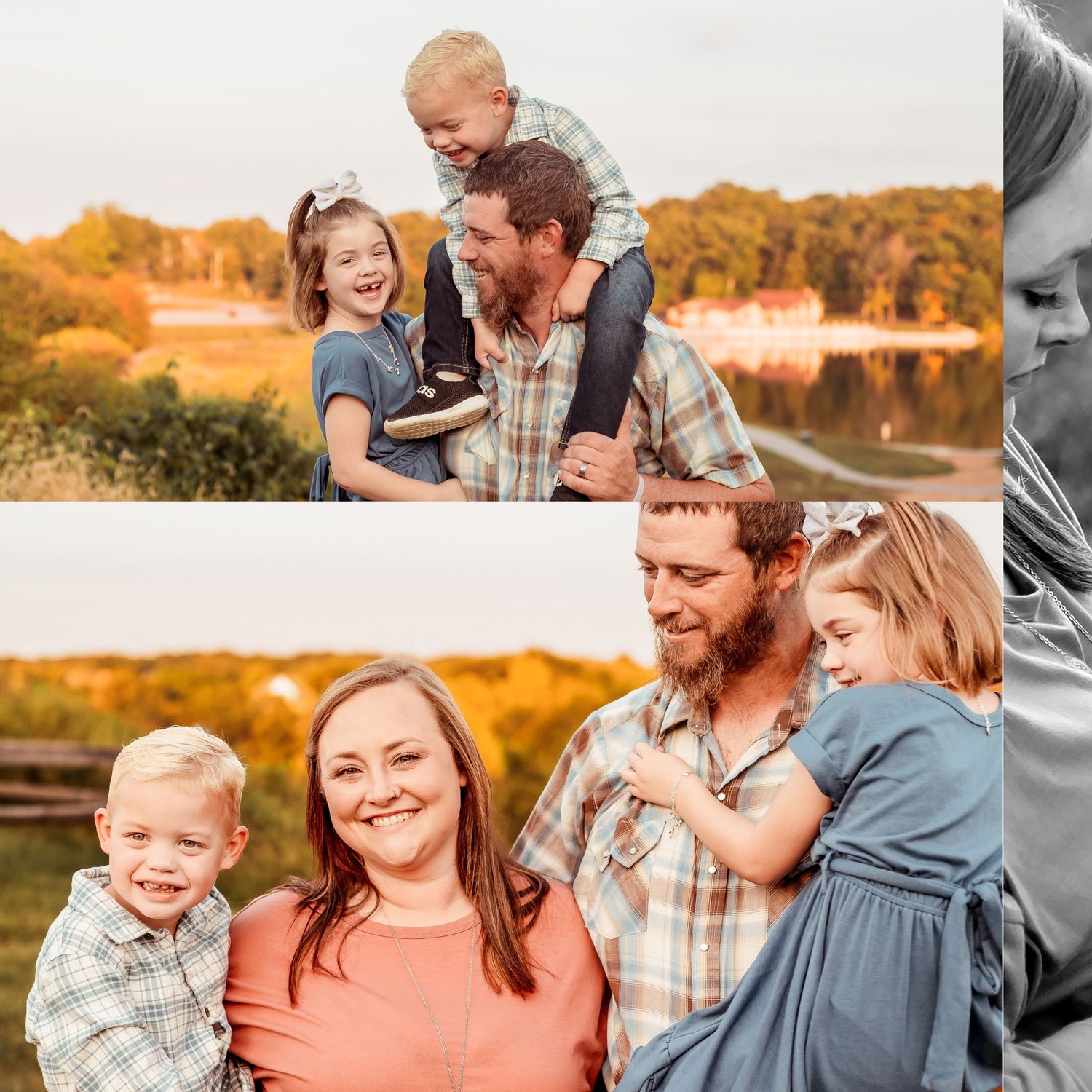 Happy family embracing and laughing together during outdoor sunset photoshoot.