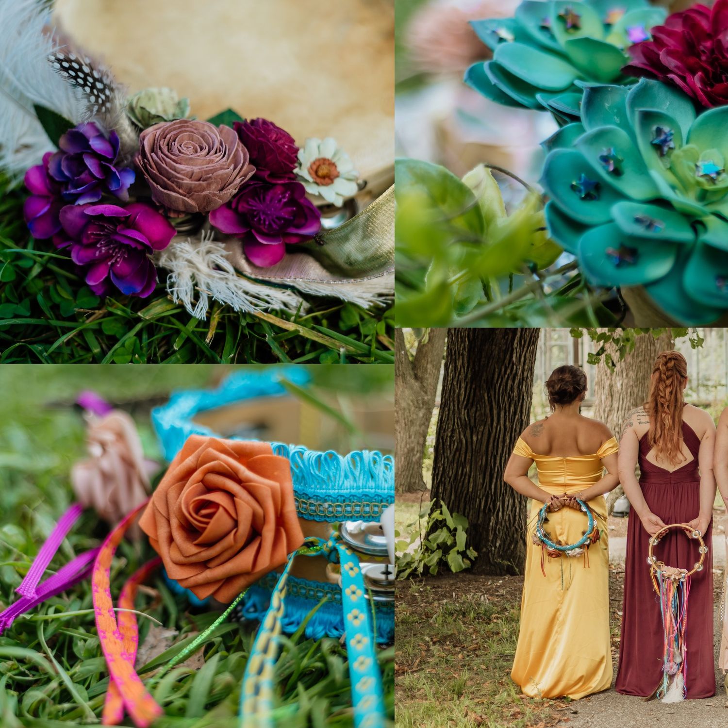Wedding decor featuring teal succulents, purple flowers, and vintage-style decorative elements.
